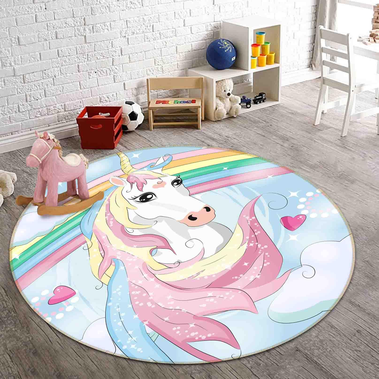 3D Cartoon Unicorn Rainbow Kids Non-Slip Round Rug Mat 68- Jess Art Decoration