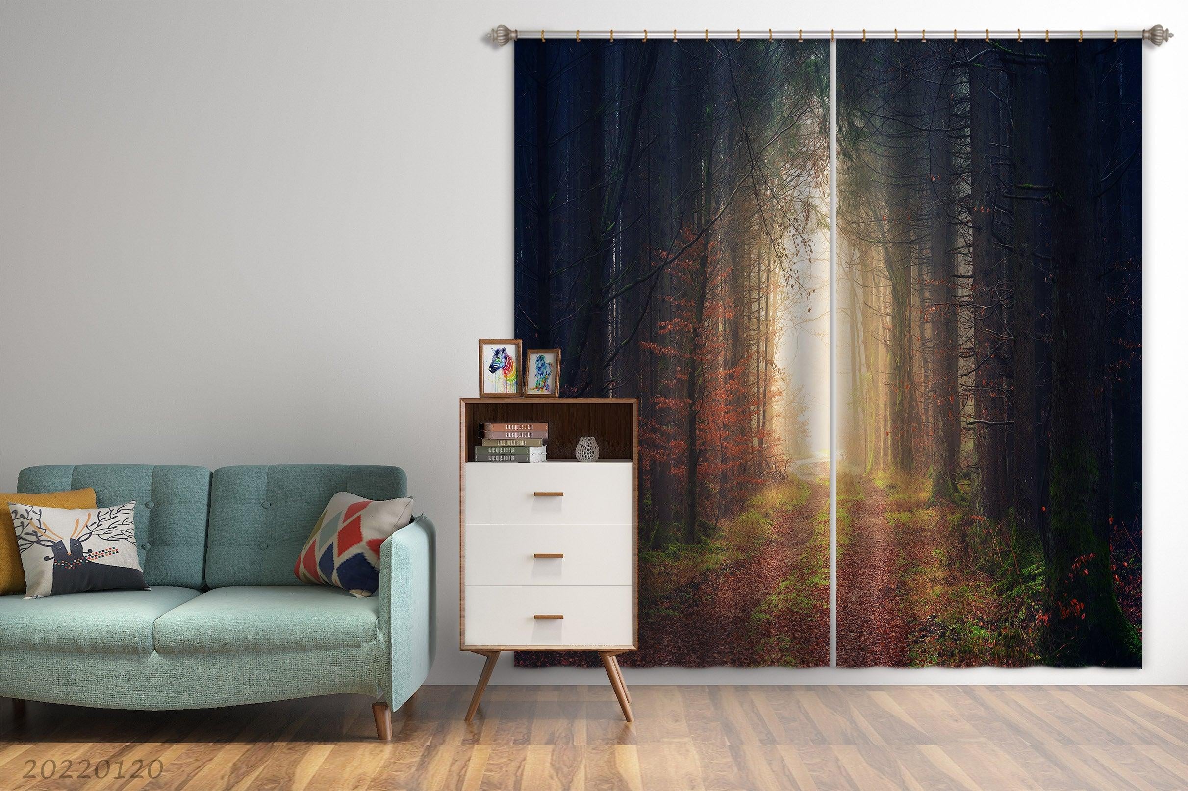 3D Autumn Woods Red Leaves Path Curtains and Drapes GD 1791- Jess Art Decoration