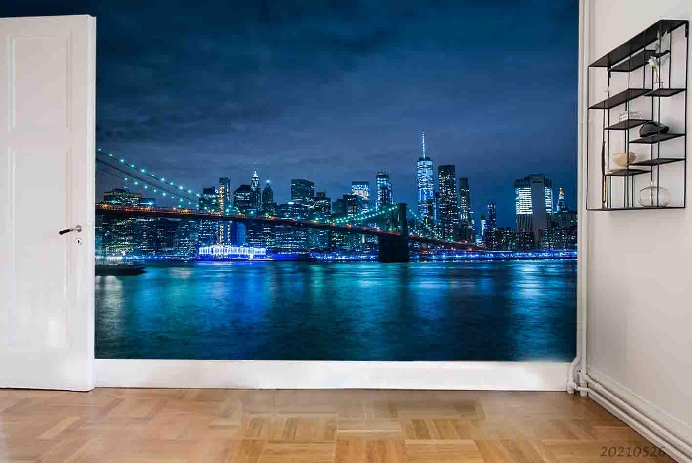 3D City Night View Bridge Lake  Wall Mural Wallpaper SWW290- Jess Art Decoration