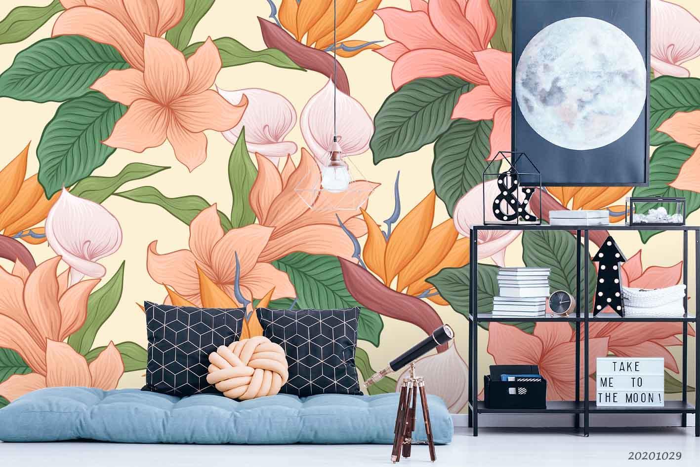 3D Hand Draw Tropical Leaves Flowers Wall Mural Wallpaper WJ 9806- Jess Art Decoration