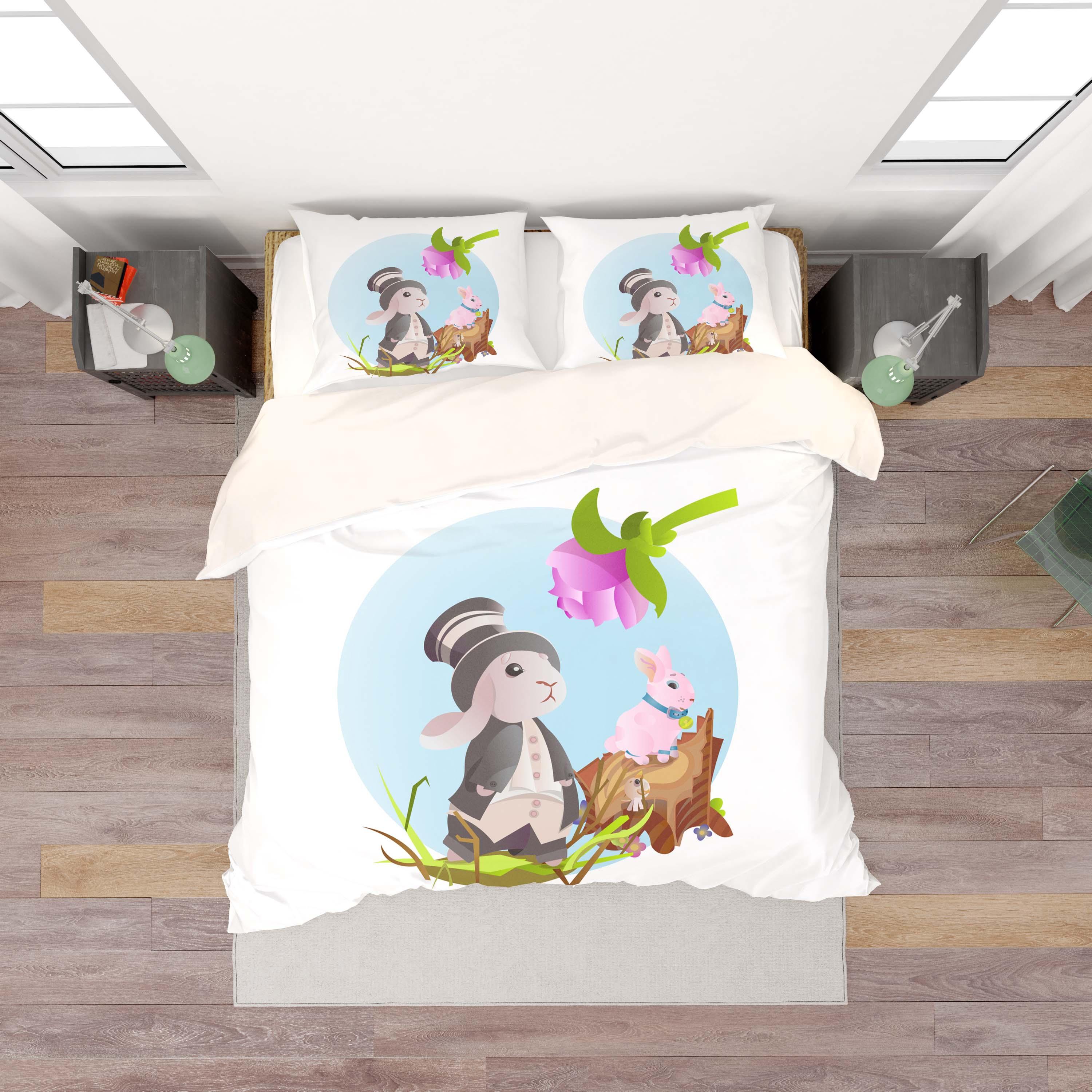 3D White Cartoon Rabbit Floral Quilt Cover Set Bedding Set Duvet Cover Pillowcases SF35- Jess Art Decoration