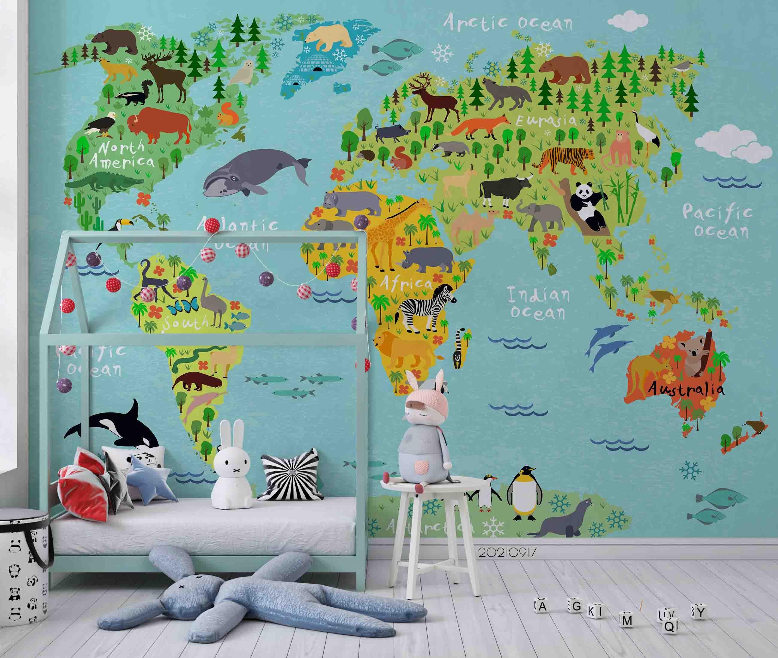 3D Green World Map Kids Wall Mural Wallpaper LQH 99- Jess Art Decoration