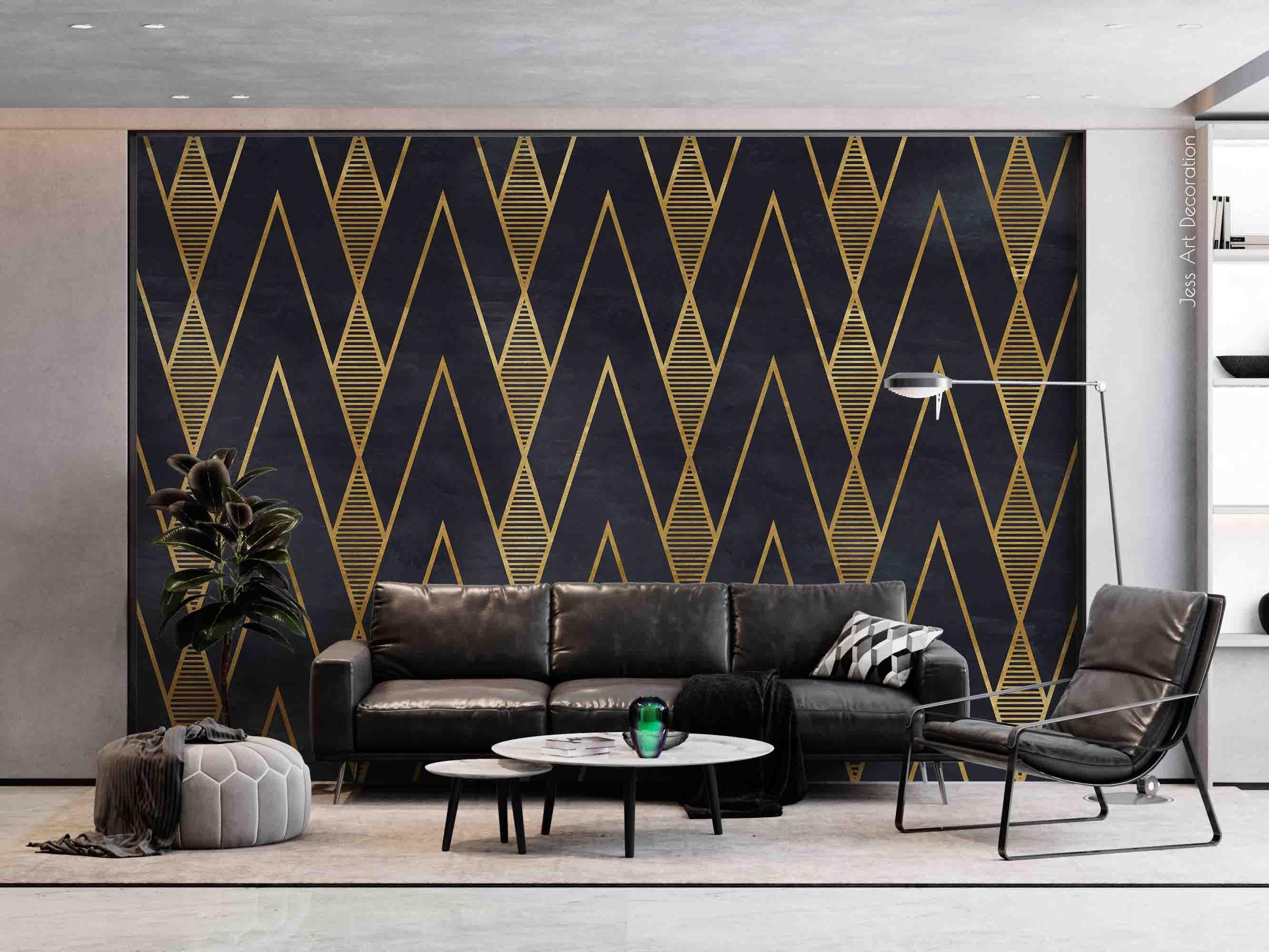 3D Black Gold Geometric Lines black gold geometric line pattern wall mural wallpaper for living room - view 2