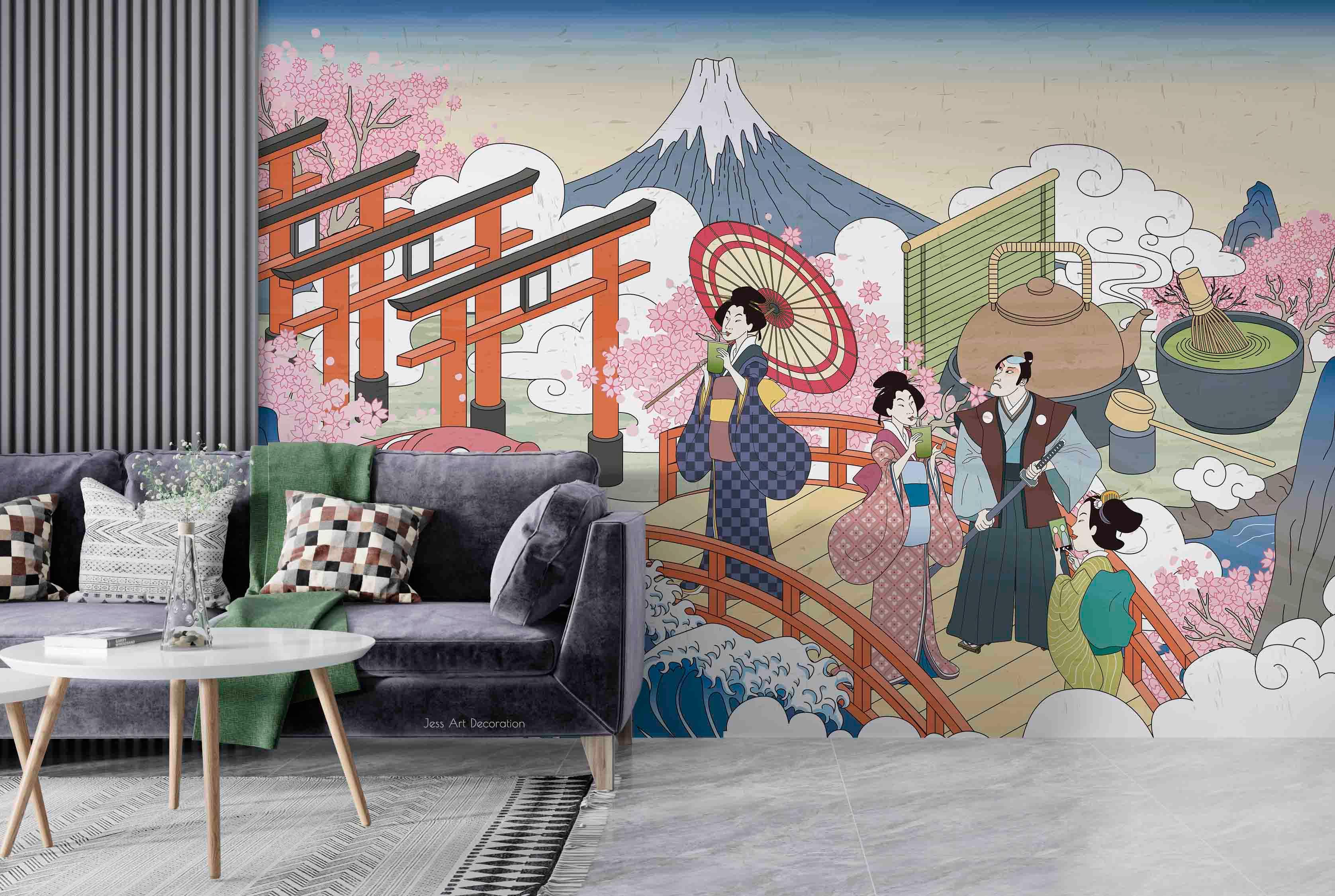 3D Japanese Sakura Travel Japanese sakura travel illustration wall mural wallpaper for bedroom