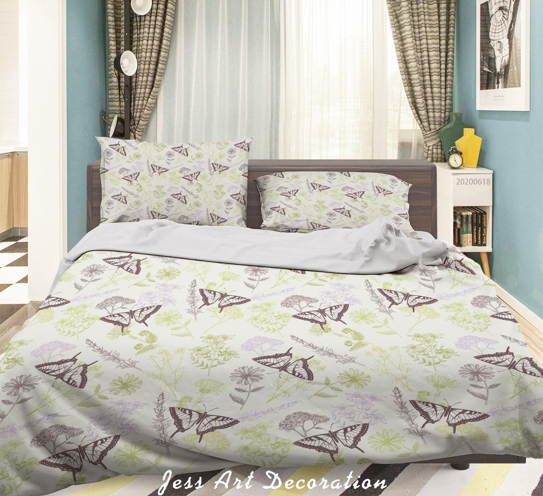 3D White Green Floral Butterfly Quilt Cover Set Bedding Set Duvet Cover Pillowcases SF81- Jess Art Decoration