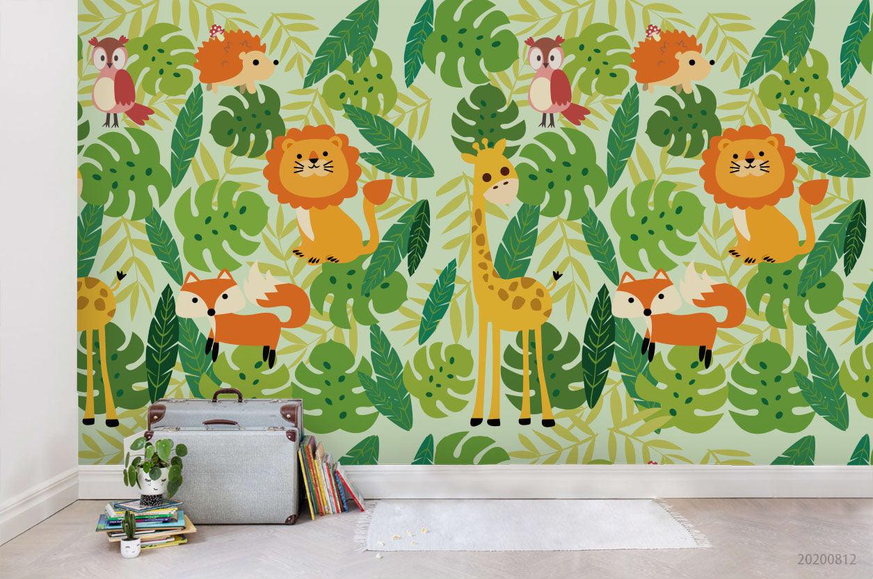 3D Cartoon Colorful Animal Green Leaves Wall Mural Wallpaper LXL 1120- Jess Art Decoration