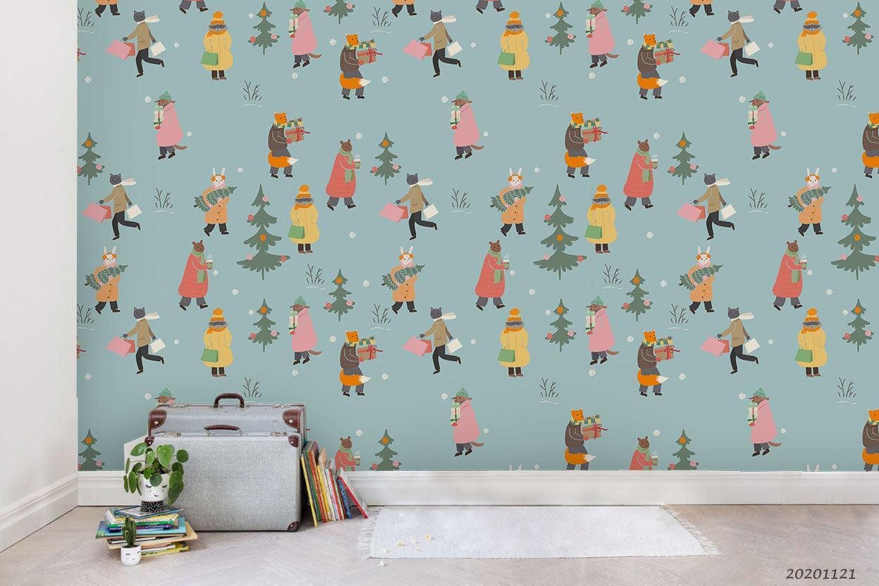 3D Cartoon Hand Drawn Fir Tree Fox Bunny Bear Animal Wall Mural Wallpaper LXL- Jess Art Decoration