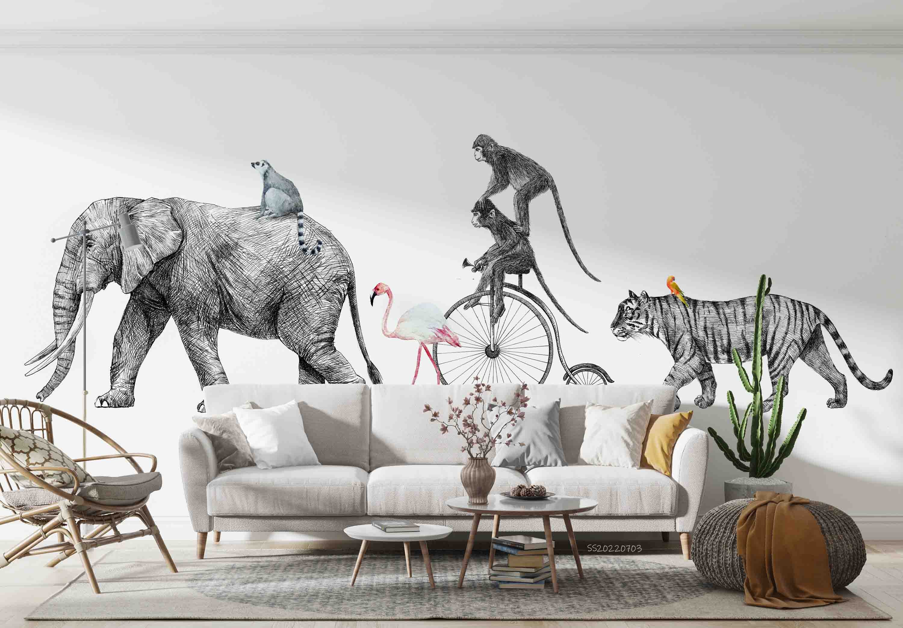 3D Safari Elephant Tiger Monkey Flamingo Bike Wall Mural Wallpaper GD 1030- Jess Art Decoration