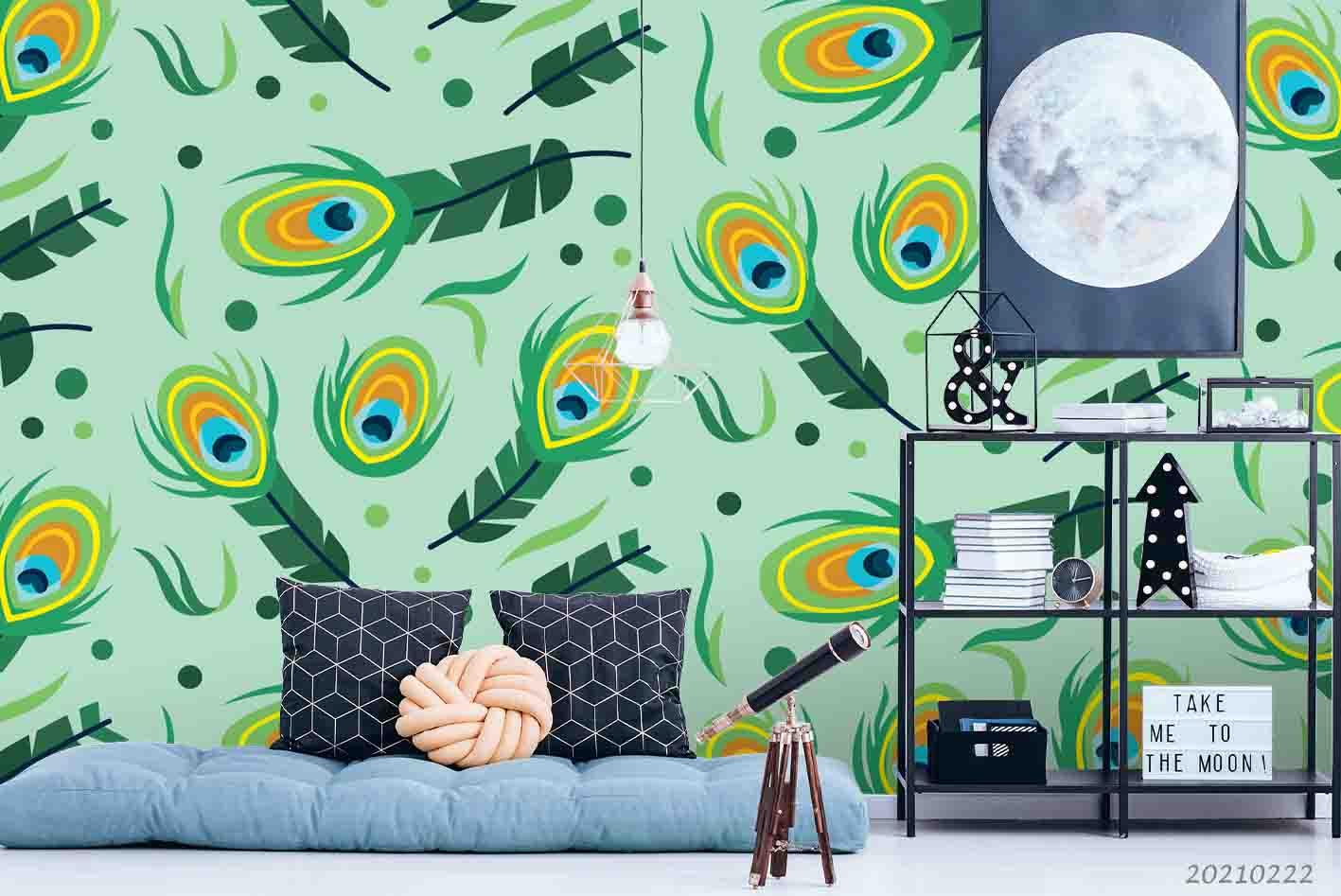 3D Hand Drawn Green Peacock Feather Wall Mural Wallpaper LQH 89- Jess Art Decoration