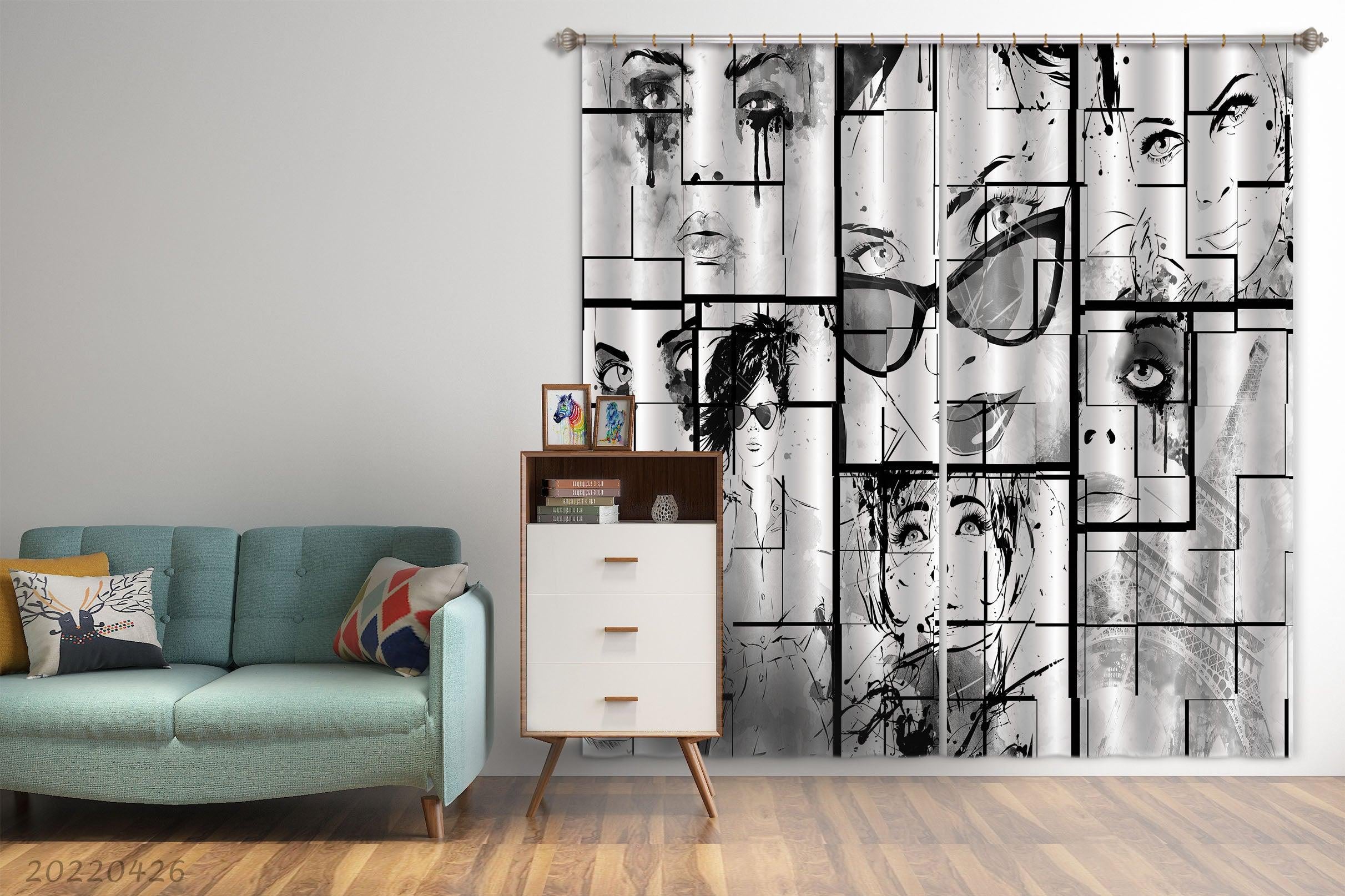 3D Abstract Artistic Doodle Female Face Curtains and Drapes GD 4919- Jess Art Decoration
