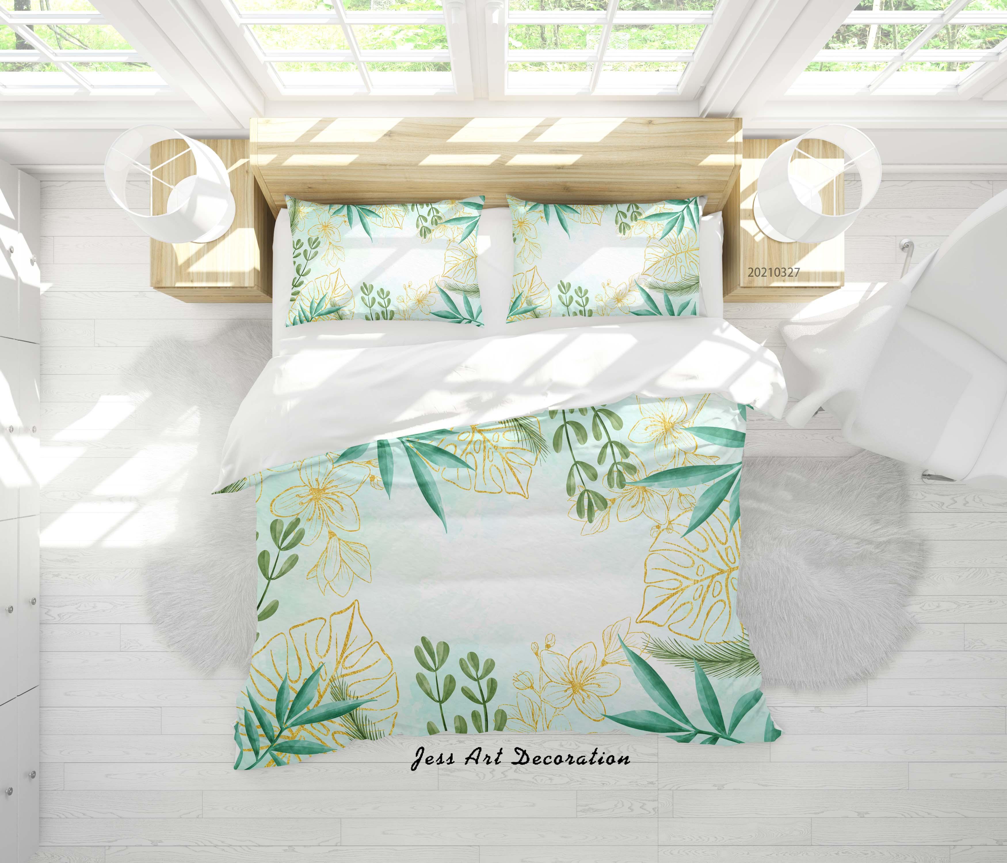3D Watercolor Green Leaf Quilt Cover Set Bedding Set Duvet Cover Pillowcases 67- Jess Art Decoration