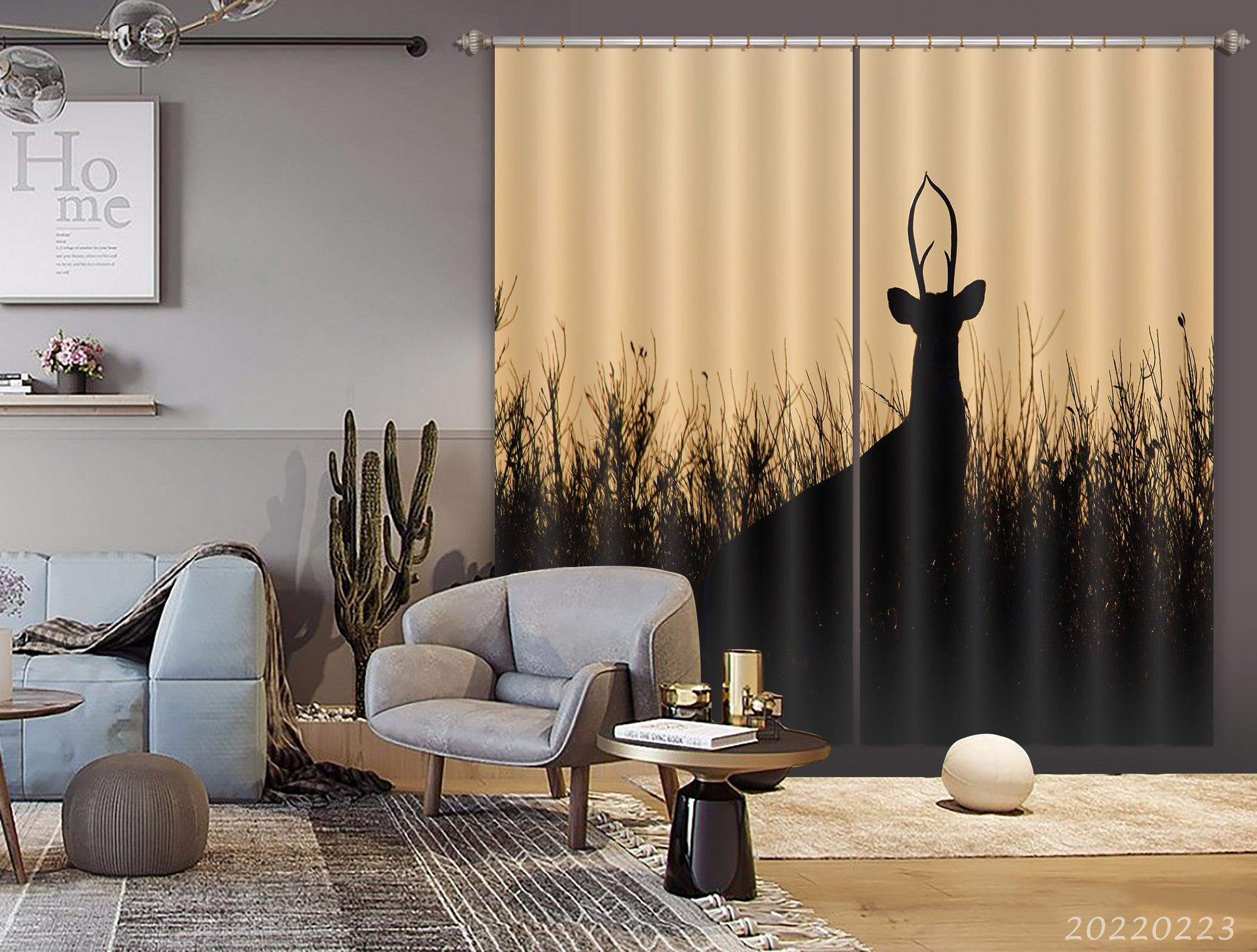 3D Elk Tall Grass Silhouette Curtains and Drapes GD 2422- Jess Art Decoration