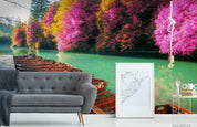 3D Pink Floral Tree Lake Boat Landscape Wall Mural Wallpaper LQH 180- Jess Art Decoration