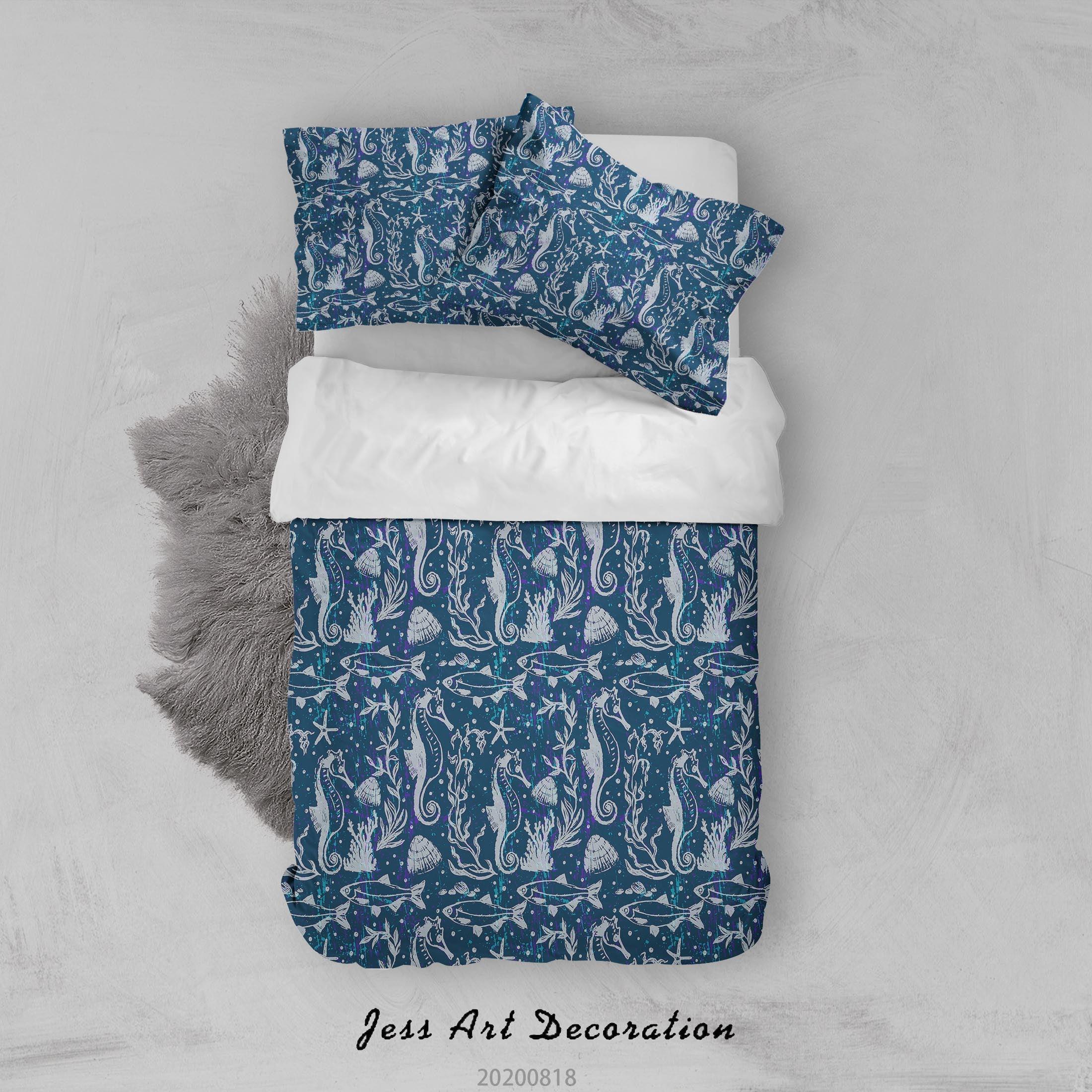3D Vintage Hippocampus Coral Blue Quilt Cover Set Bedding Set Duvet Cover Pillowcases LXL- Jess Art Decoration