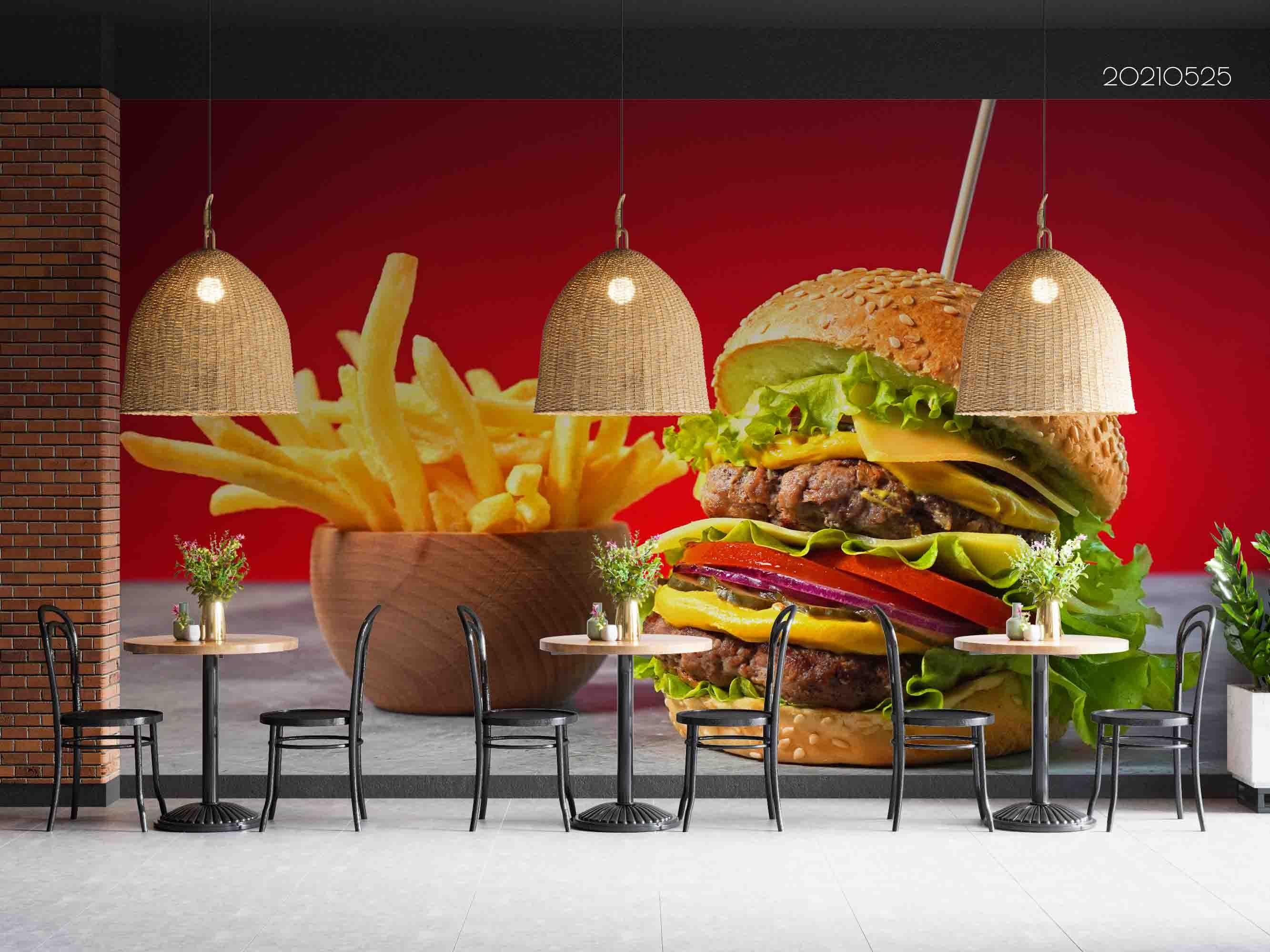 3D Big Hamburger Frich Fries Wall Mural Wallpaper SWW2- Jess Art Decoration