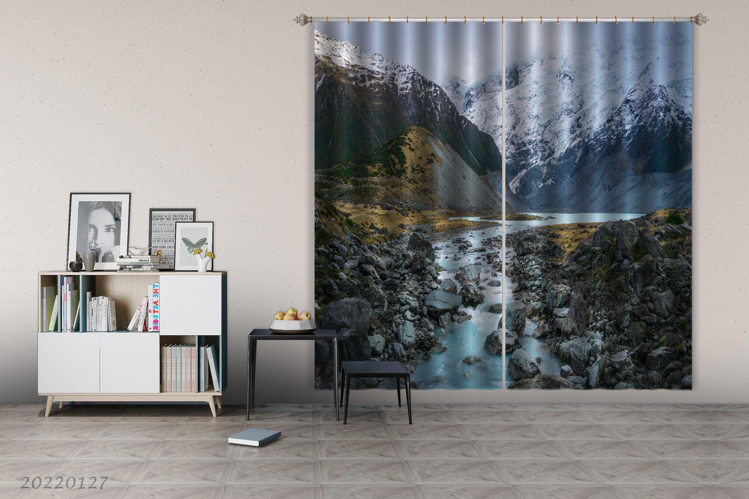 3D Snow Mountain River Stone Curtains and Drapes GD 1503- Jess Art Decoration