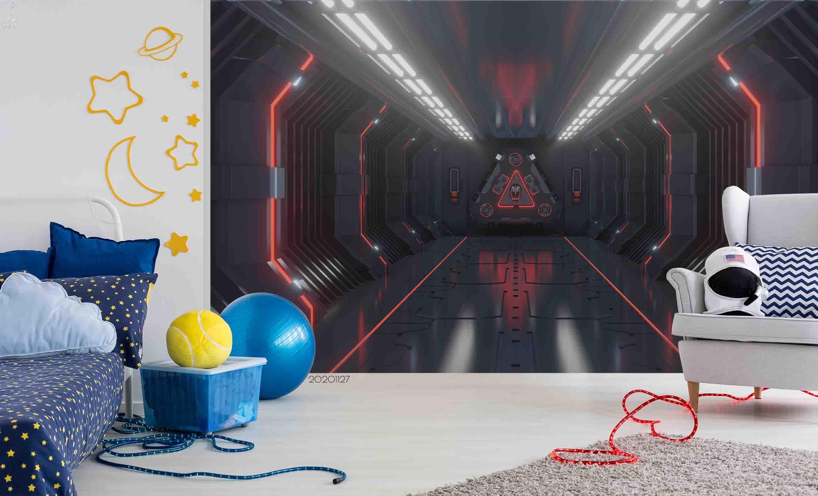 3D Empty Dark Futuristic Spaceship Corridors Red Light Wall Mural Wallpaper LXL- Jess Art Decoration