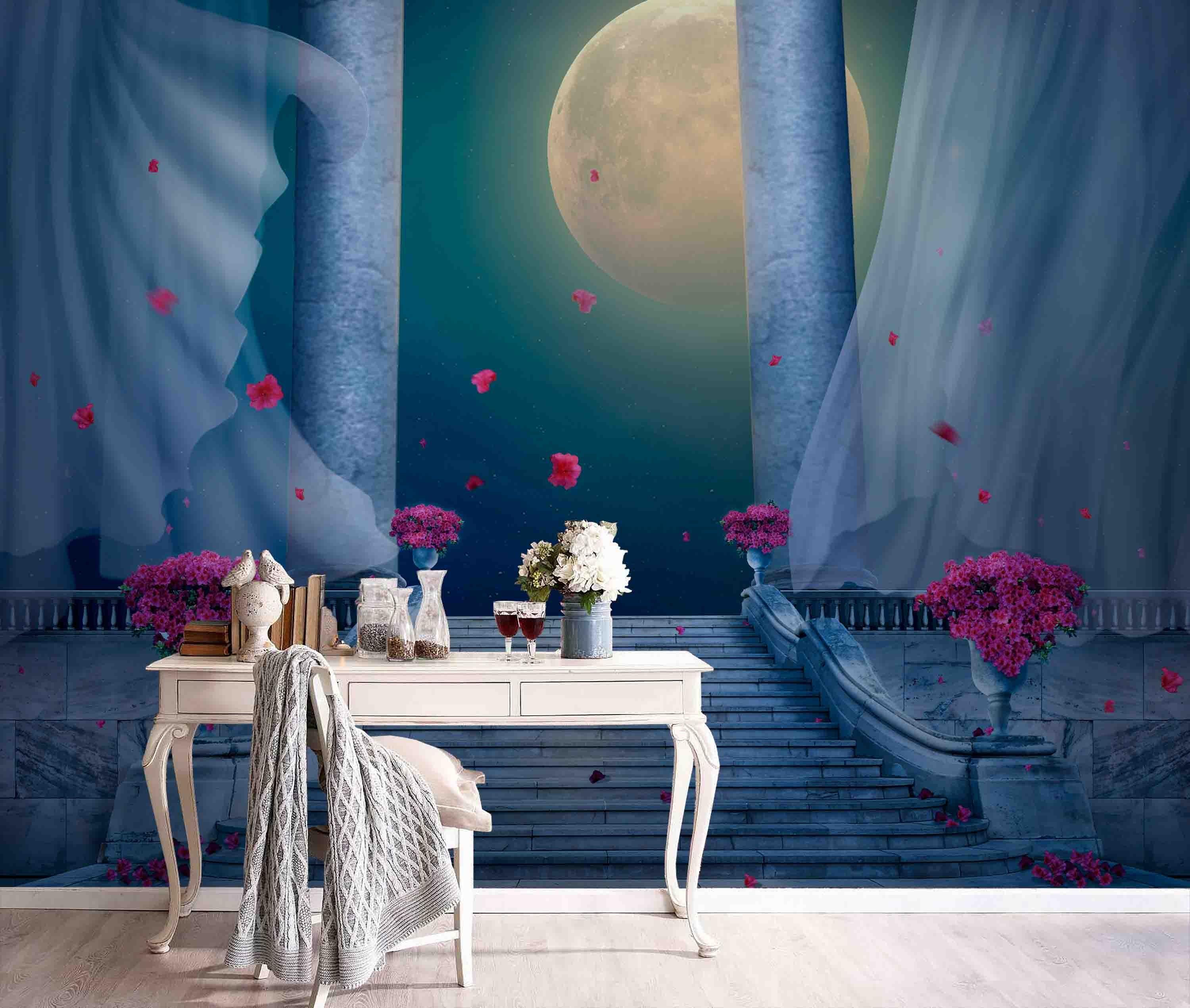 3D Moon Sky Flower Steps Curtain Pillar Wall Mural Wallpaper 95- Jess Art Decoration