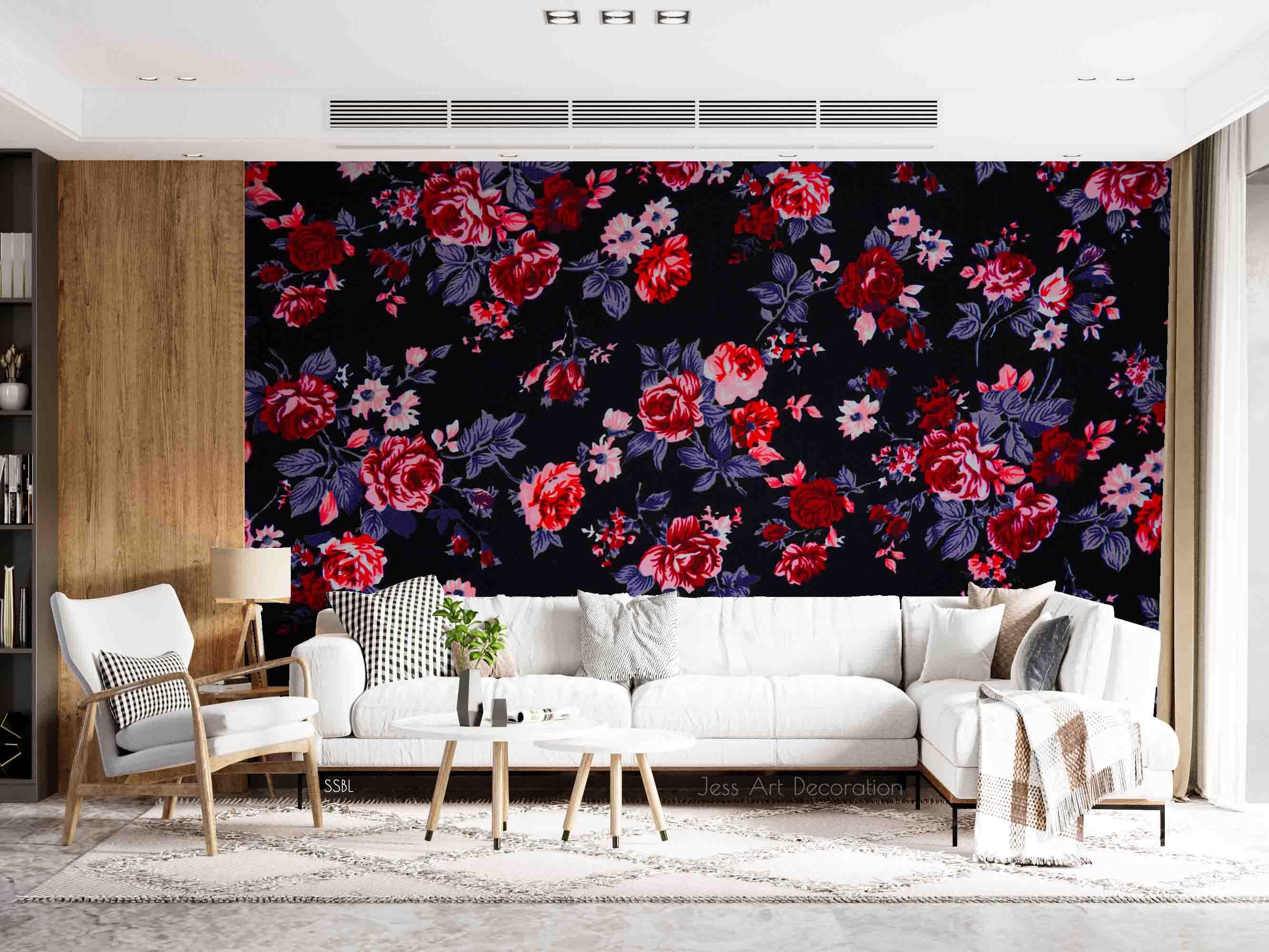 3D Vintage Blooming Pink Rose Flower Black Background Wall Mural Wallpaper GD 3640- Jess Art Decoration
