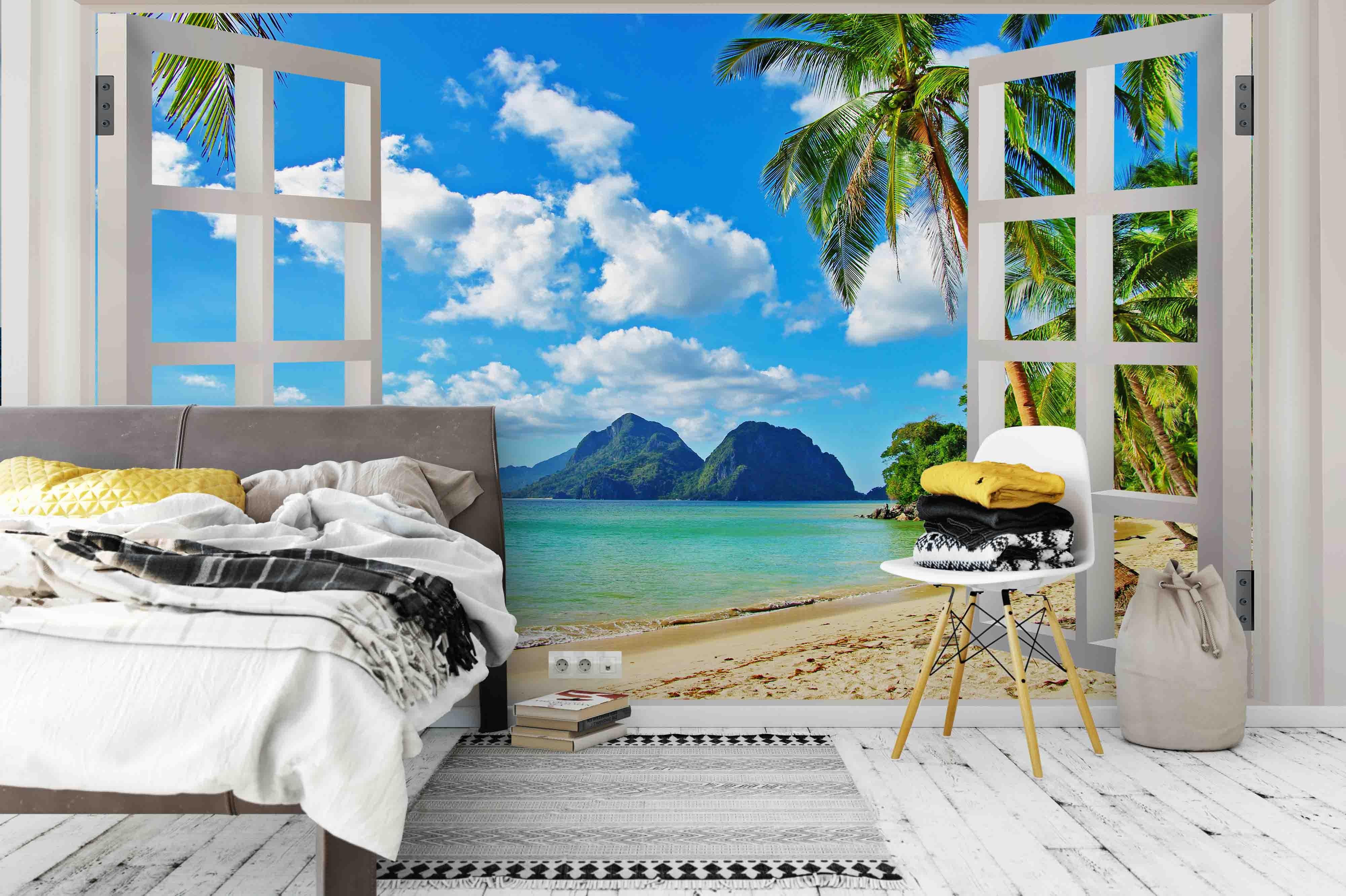 3D Window Beach Coconut Tree Mountain Sea Landscape Wall Mural Wallpaper GD 1948- Jess Art Decoration