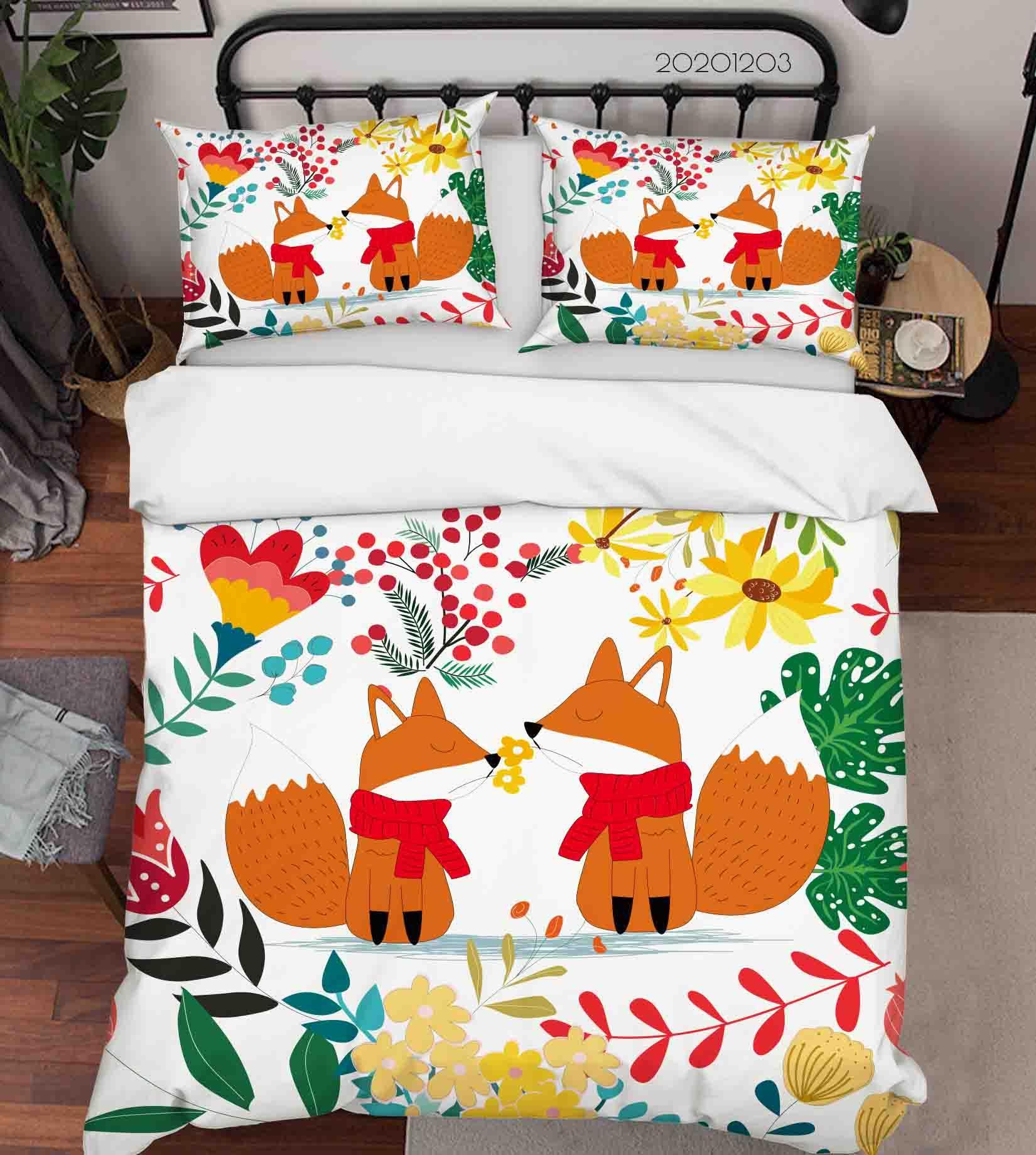 3D Cartoon Hand Drawn Colorful Floral Plant Fox Animal Quilt Cover Set Bedding Set Duvet Cover Pillowcases LXL- Jess Art Decoration