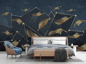 3D Medal Line Feather Dark Blue Wall Mural Wallpaper LXL- Jess Art Decoration