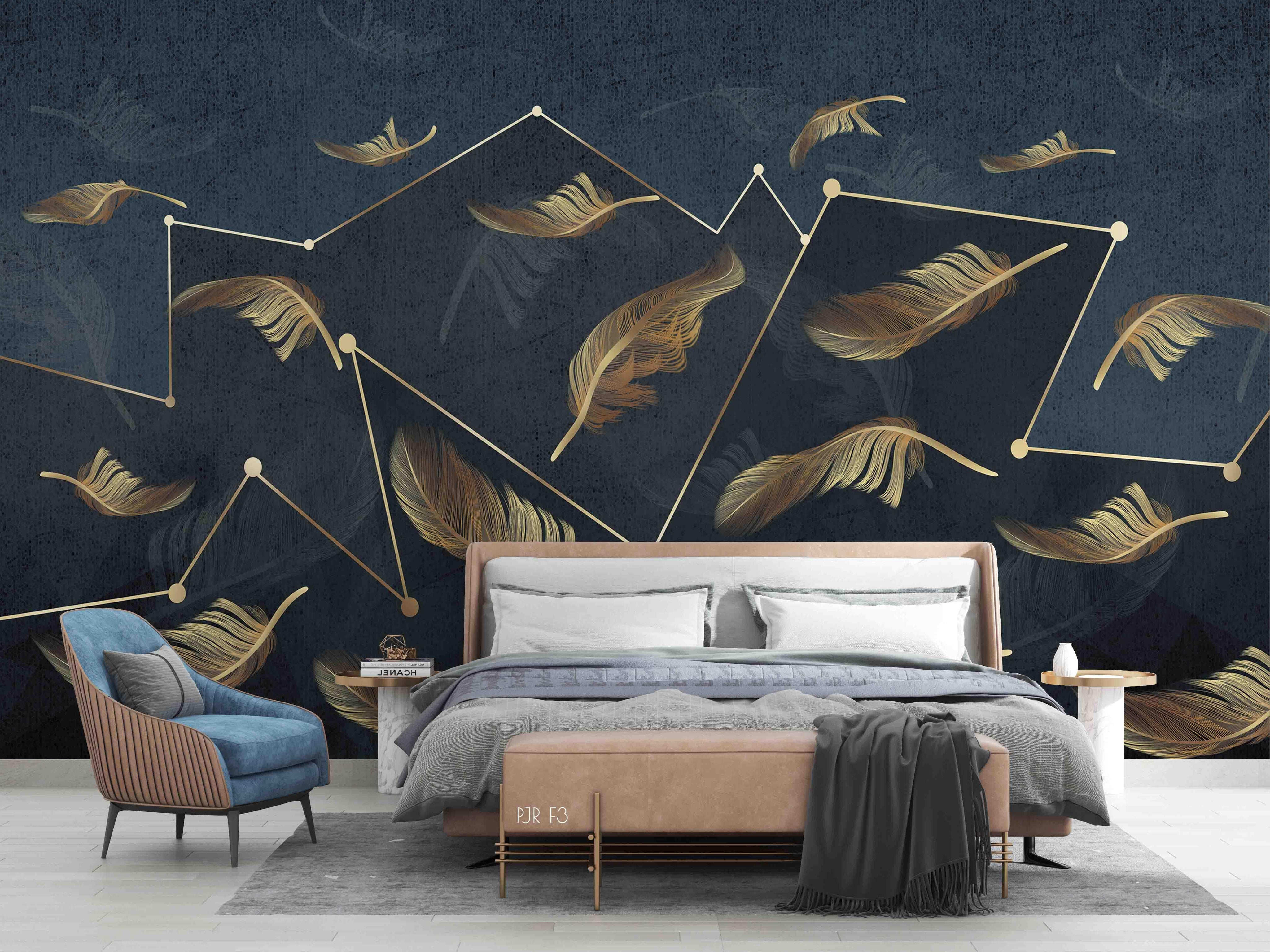 3D Medal Line Feather Dark Blue Wall Mural Wallpaper LXL- Jess Art Decoration