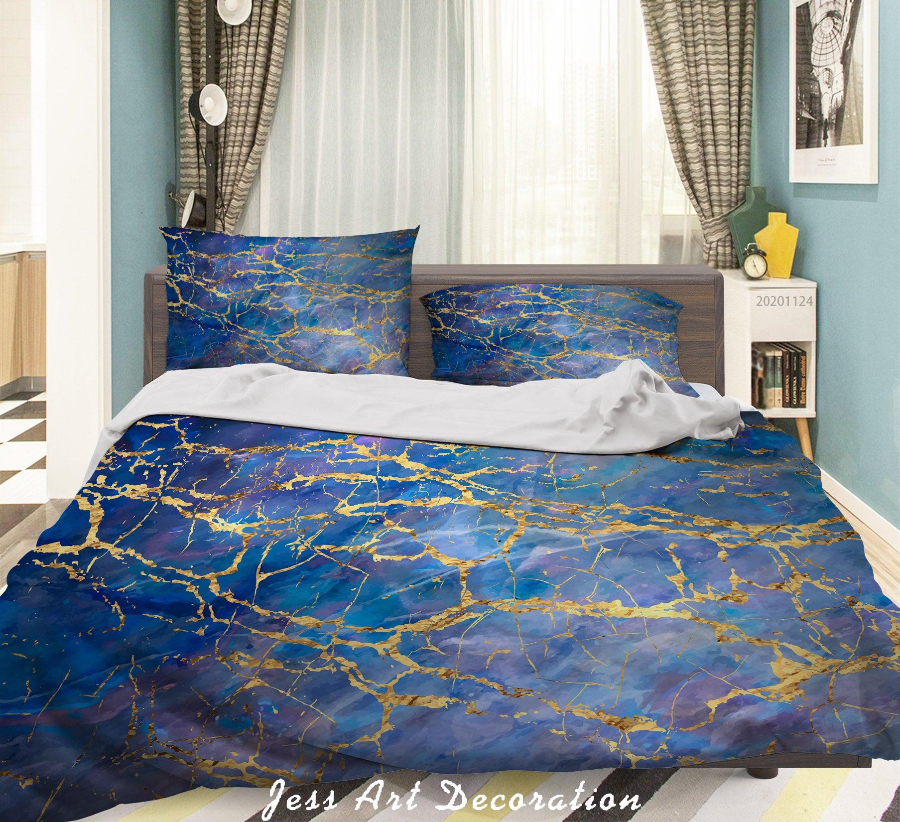 3D Abstract Golden Blue Marbled Quilt Cover Set Bedding Set Duvet Cover Pillowcases LXL- Jess Art Decoration