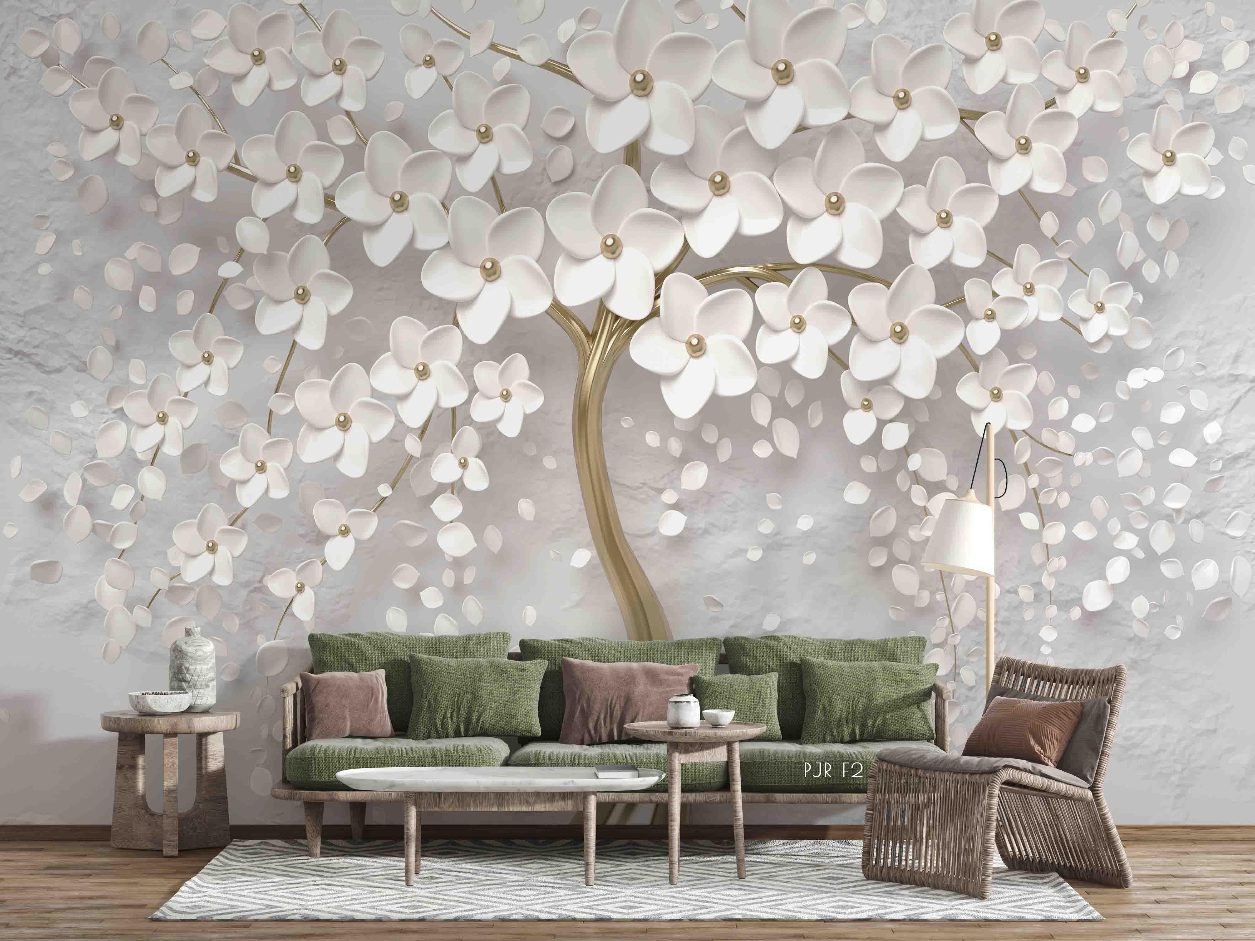 3D Fresh White Floral Tree Wall Mural Wallpaper WJ 2150- Jess Art Decoration