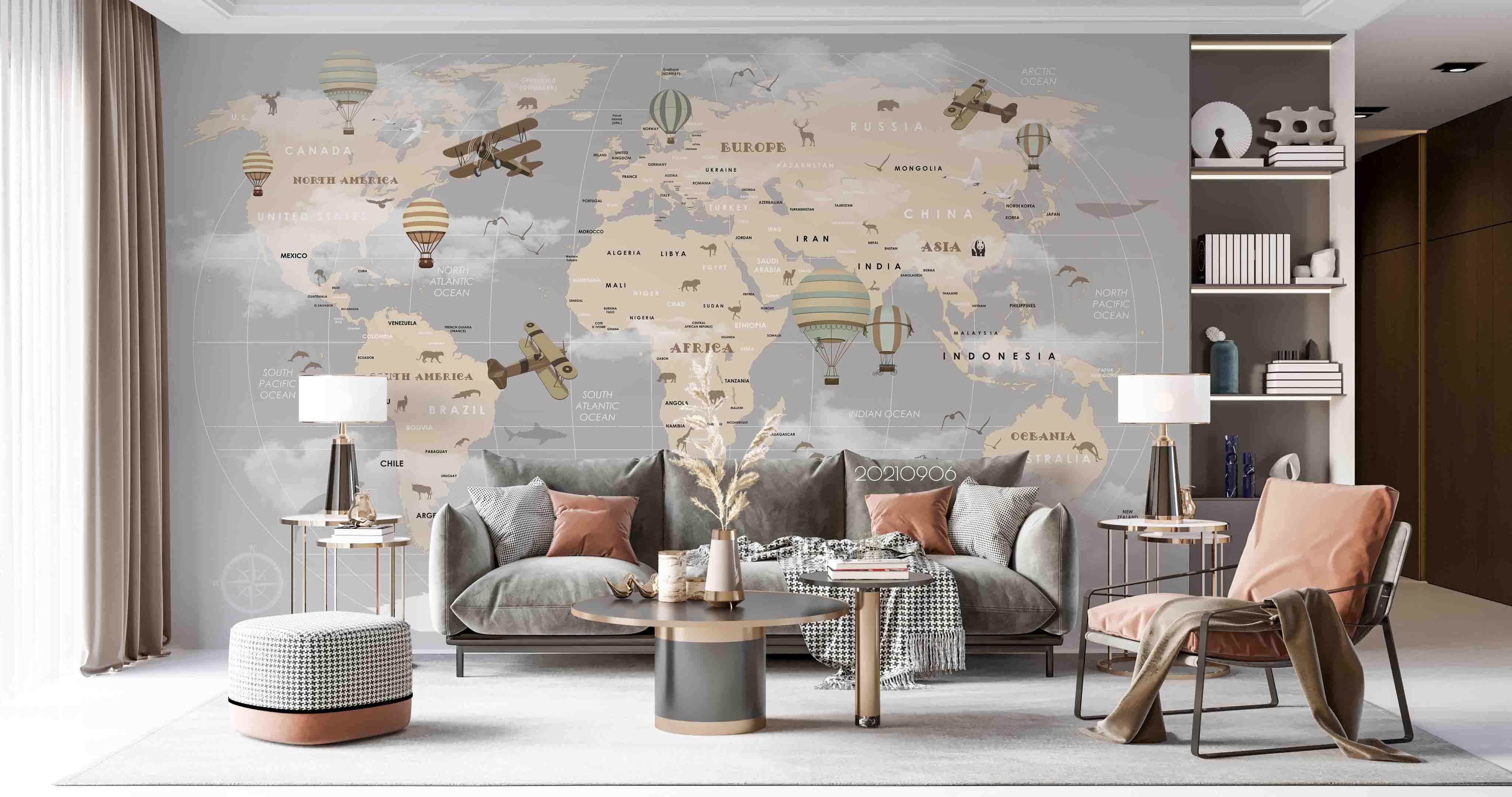 3D Grey World Map Hot Air Balloon Wall Mural Wallpaper LQH 682- Jess Art Decoration