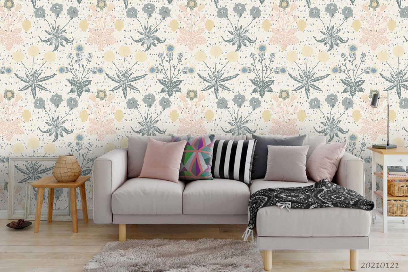 3D Hand Drawn Floral Leaf Pattern Wall Mural Wallpaper LQH 55- Jess Art Decoration
