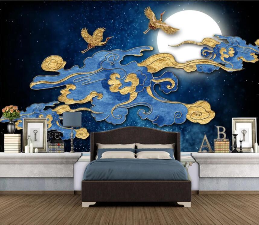 3D Blue Star Sky Moon Clouds Crane Wall Mural Wallpaper 1610- Jess Art Decoration