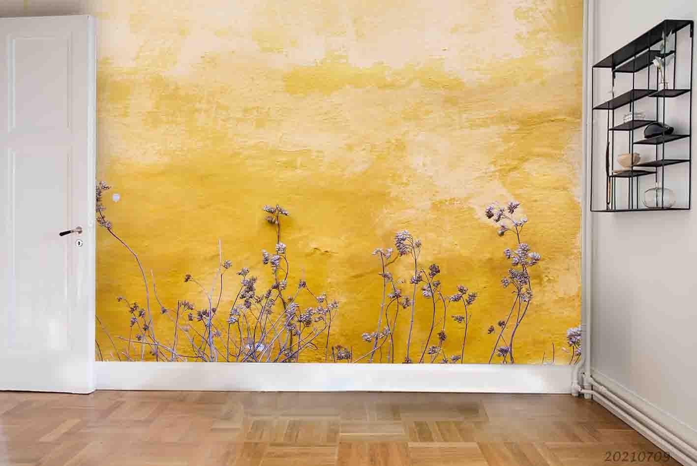 3D Yellow Concrete Wall Dried Flowers Wall Mural Wallpaper SWW4165- Jess Art Decoration