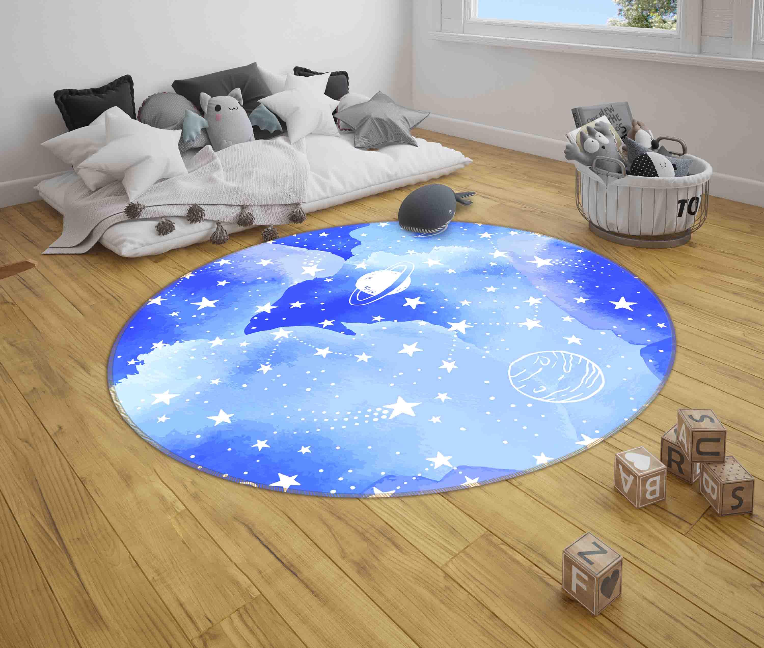 3D Cartoon Blue Starry Planet Kids Non-Slip Round Rug Mat 67- Jess Art Decoration