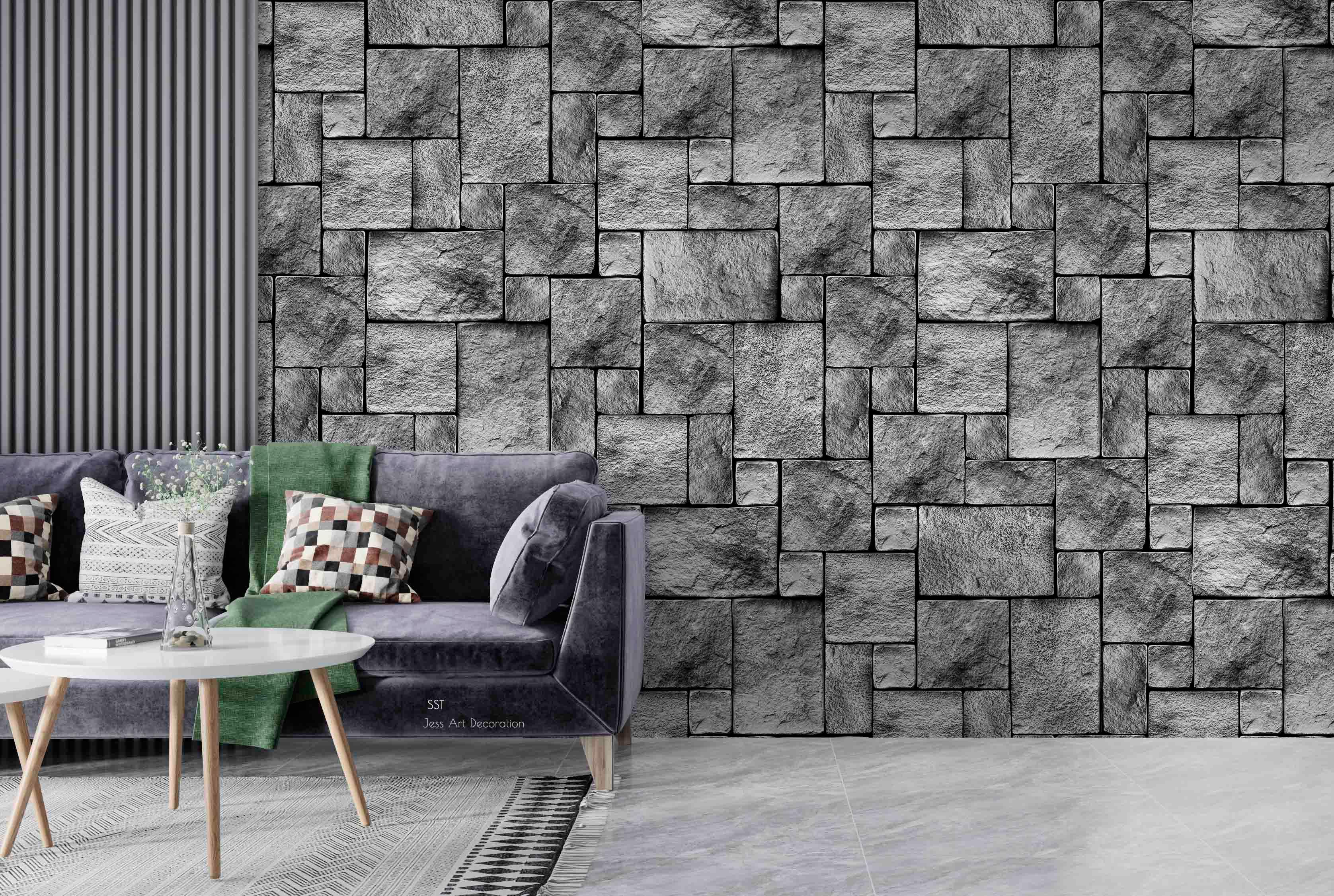 3D Square Stone Blocks grey square stone block texture wall mural wallpaper for dining room - view 3