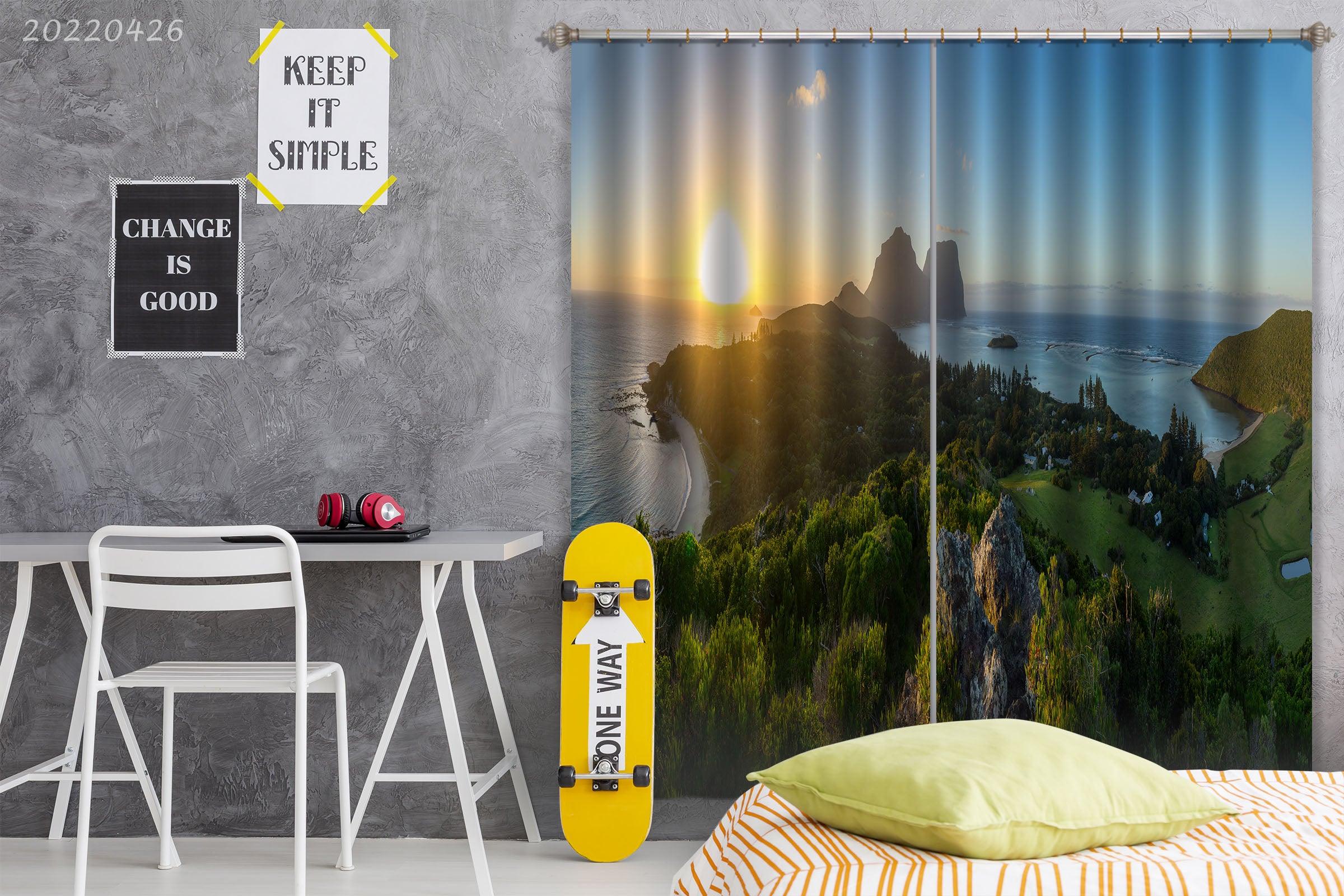 3D Landscape Mountain Green Forest Sea Sunrise Curtains and Drapes GD 4862- Jess Art Decoration