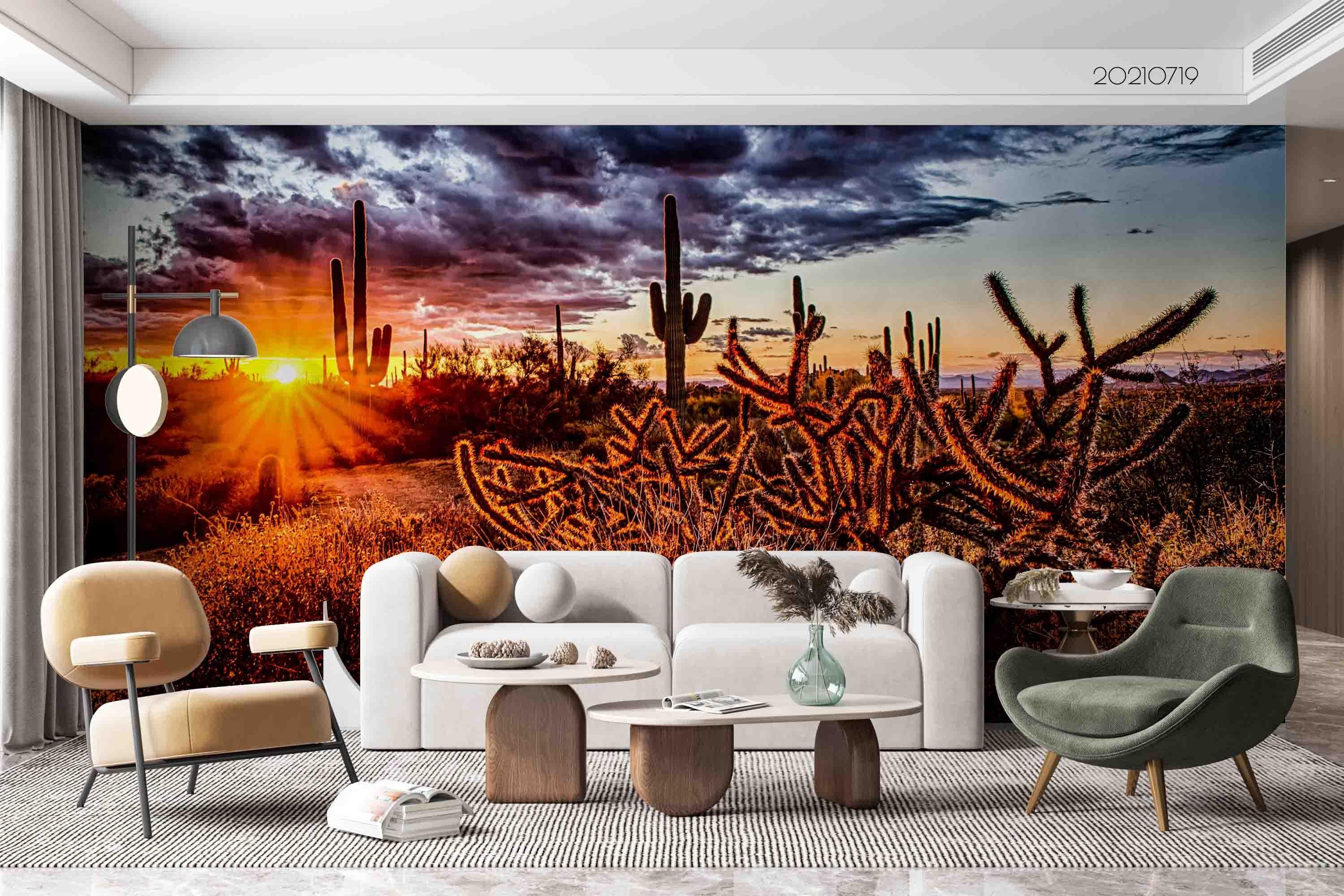 3D Gobi Desert Cactus Setting Sun Wall Mural Wallpaper SWW3062- Jess Art Decoration