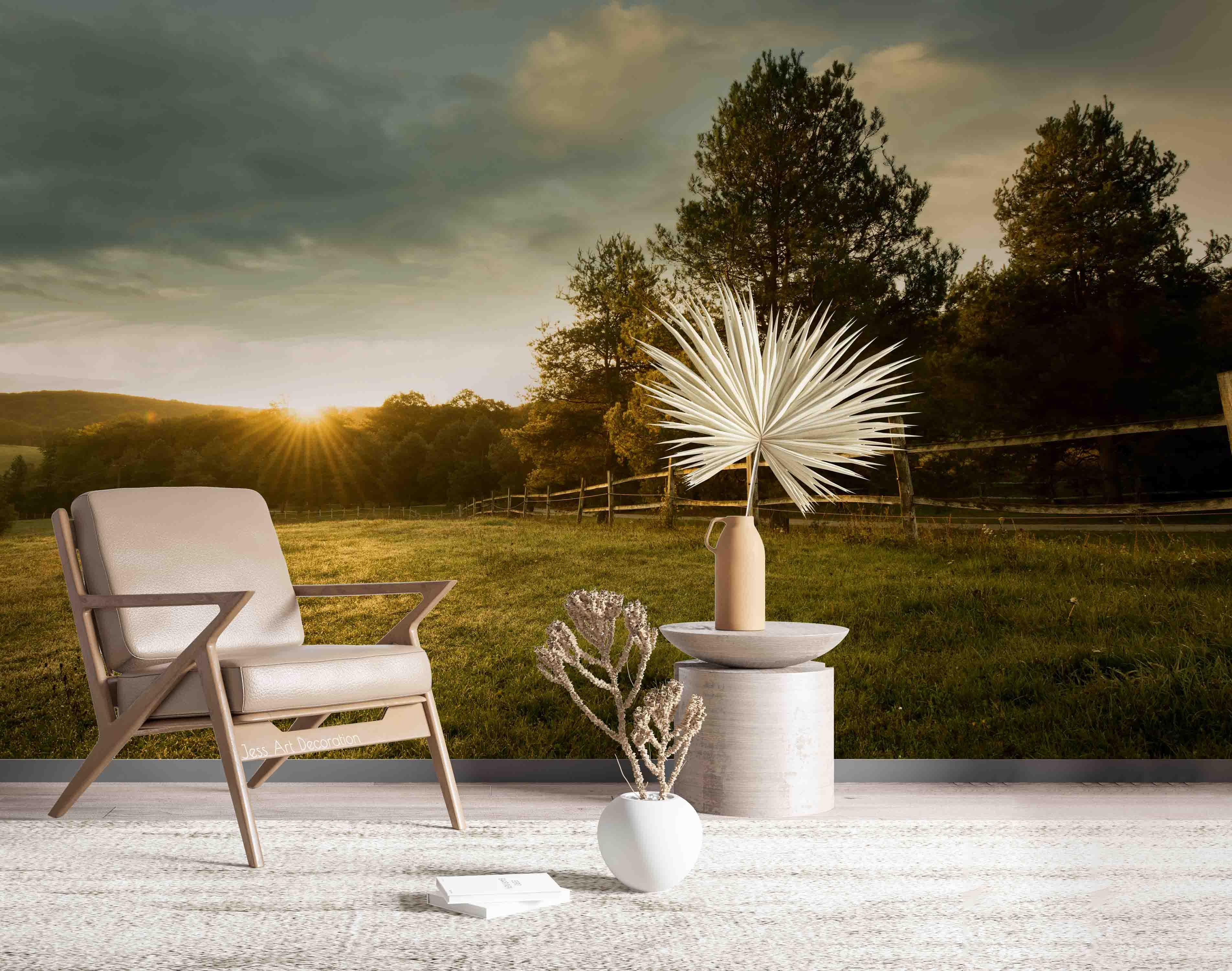 3D Green Grass Fence Trees Wall Mural Wallpaper GD 2296- Jess Art Decoration