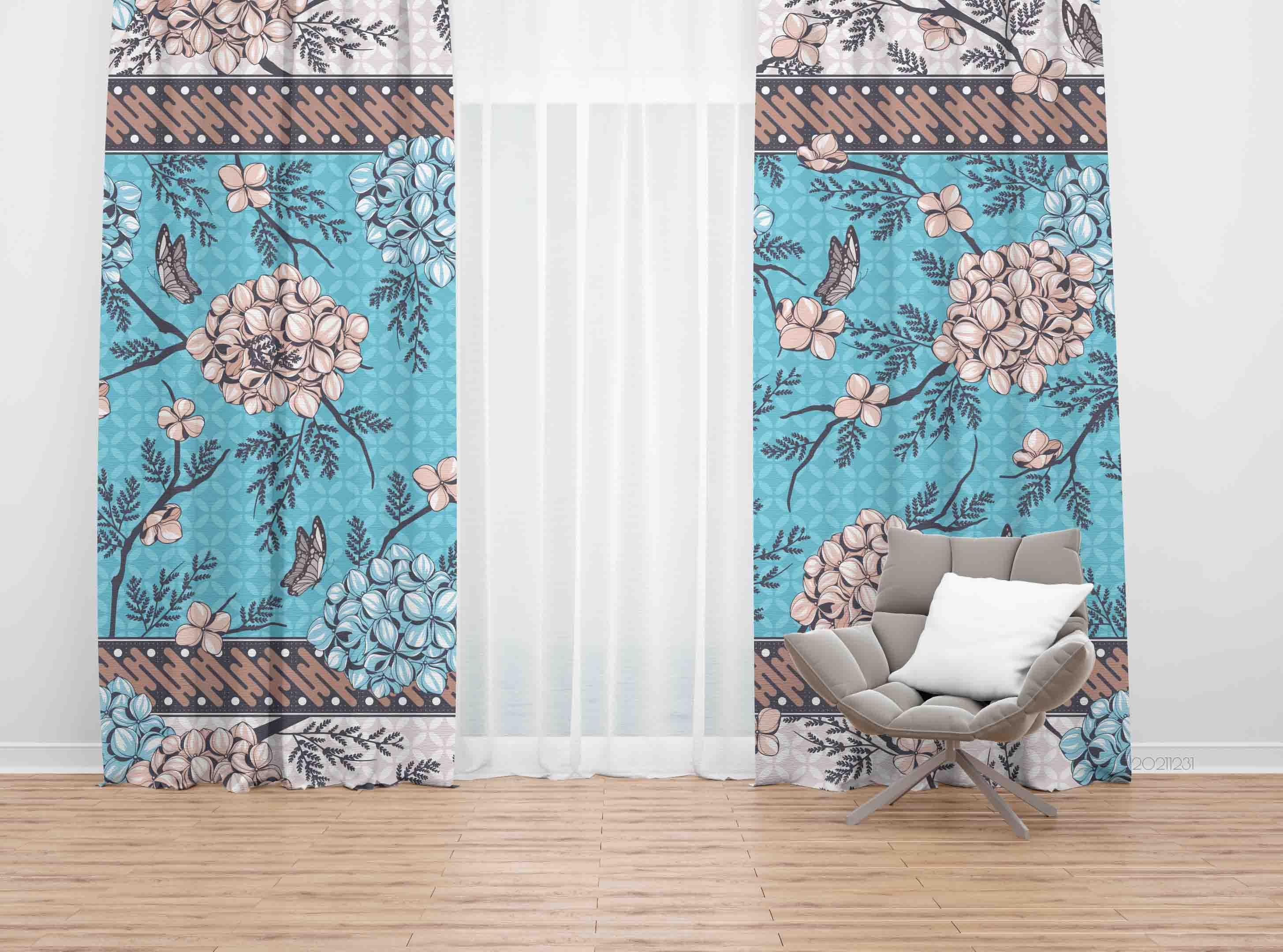 3D Vintage Blue Flower Butterfly Curtains and Drapes GD 69- Jess Art Decoration