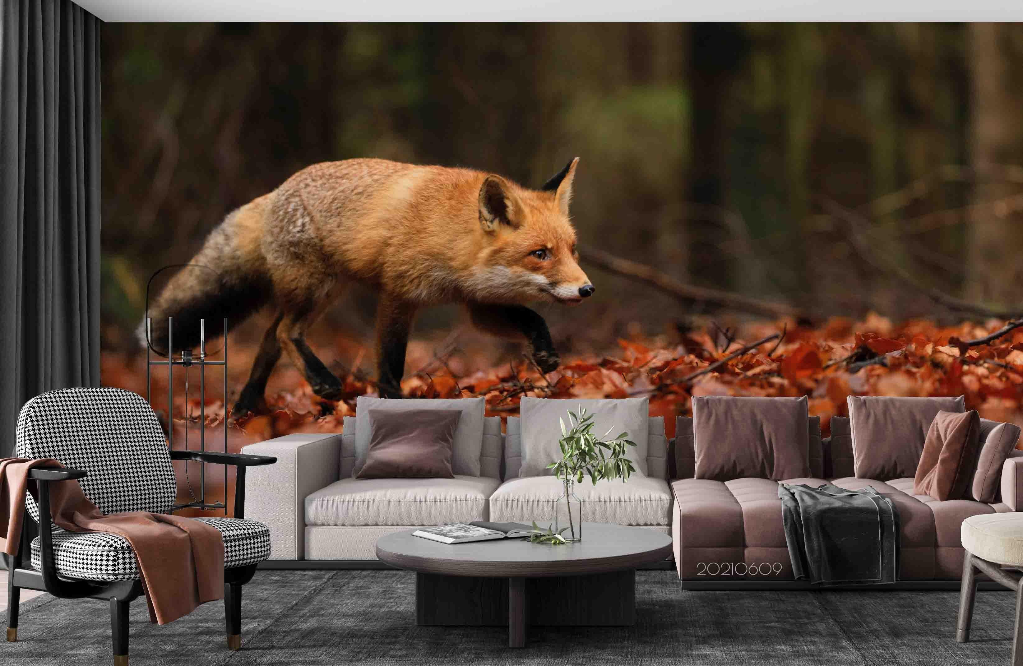 3D Forest Fox   Maple Leaf Wall Mural Wallpaper SWW1755- Jess Art Decoration