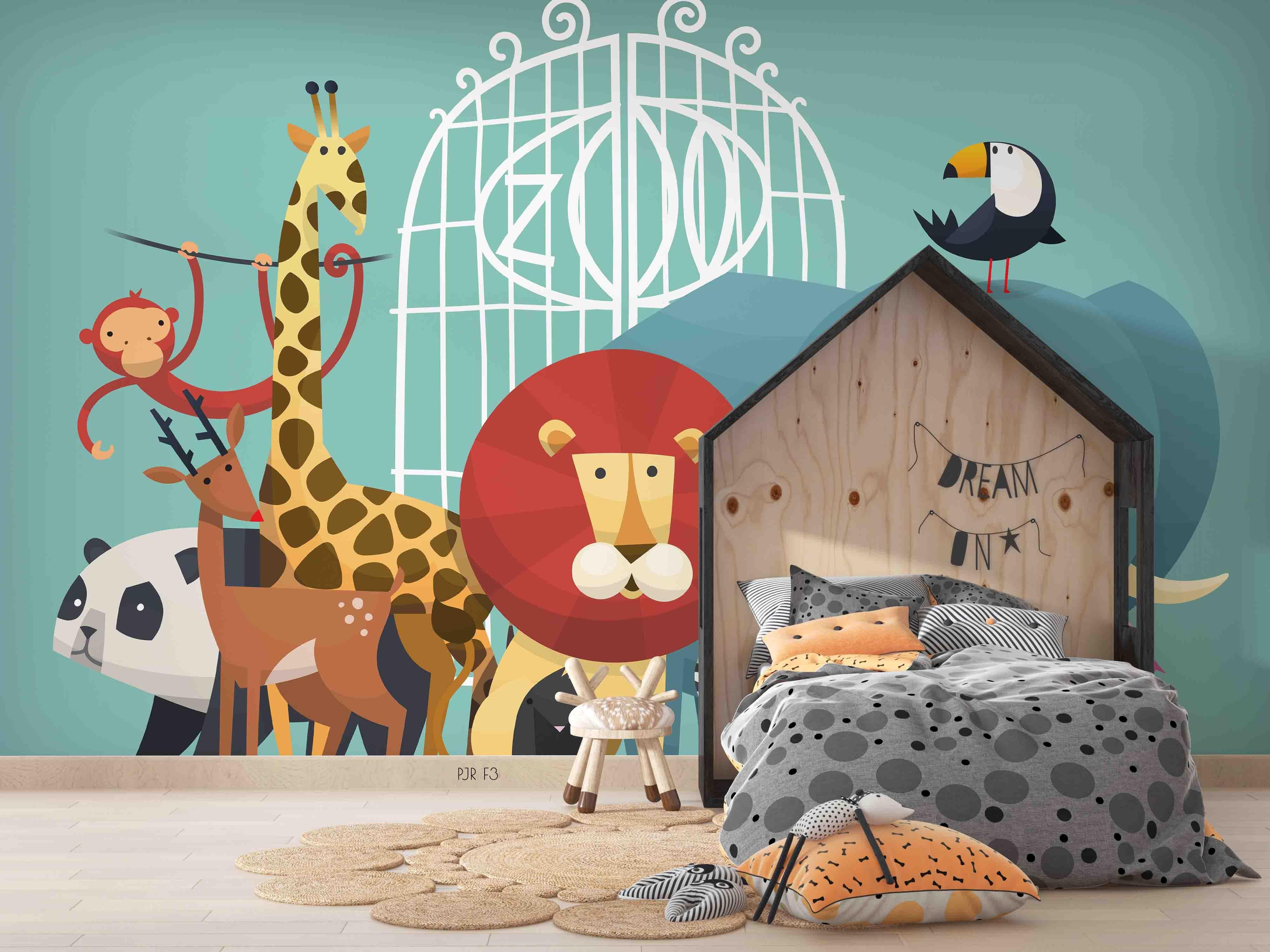 3D Safari Animal Parade cartoon safari animal mural wall mural wallpaper for playroom - view 3