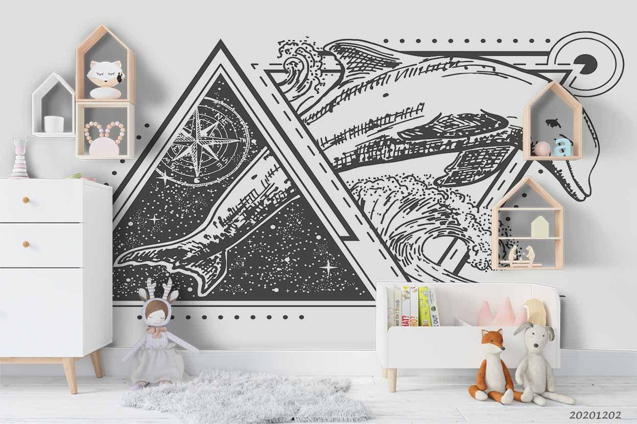 3D Hand Drawn Dolphin Tattoo Art Style Triangle Frame Wall Mural Wallpaper LXL- Jess Art Decoration