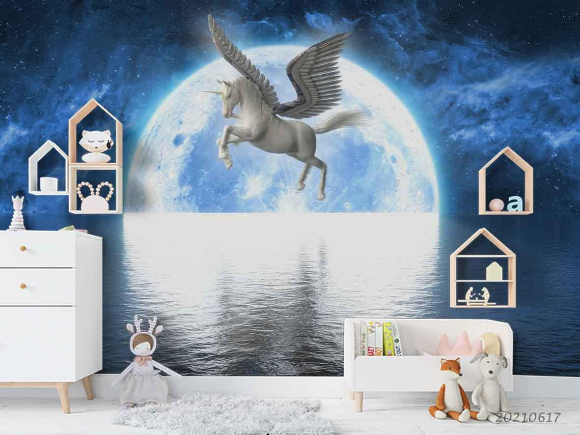 3D Moon Night Sea Pegasus Wall Mural Wallpaper LQH 134- Jess Art Decoration