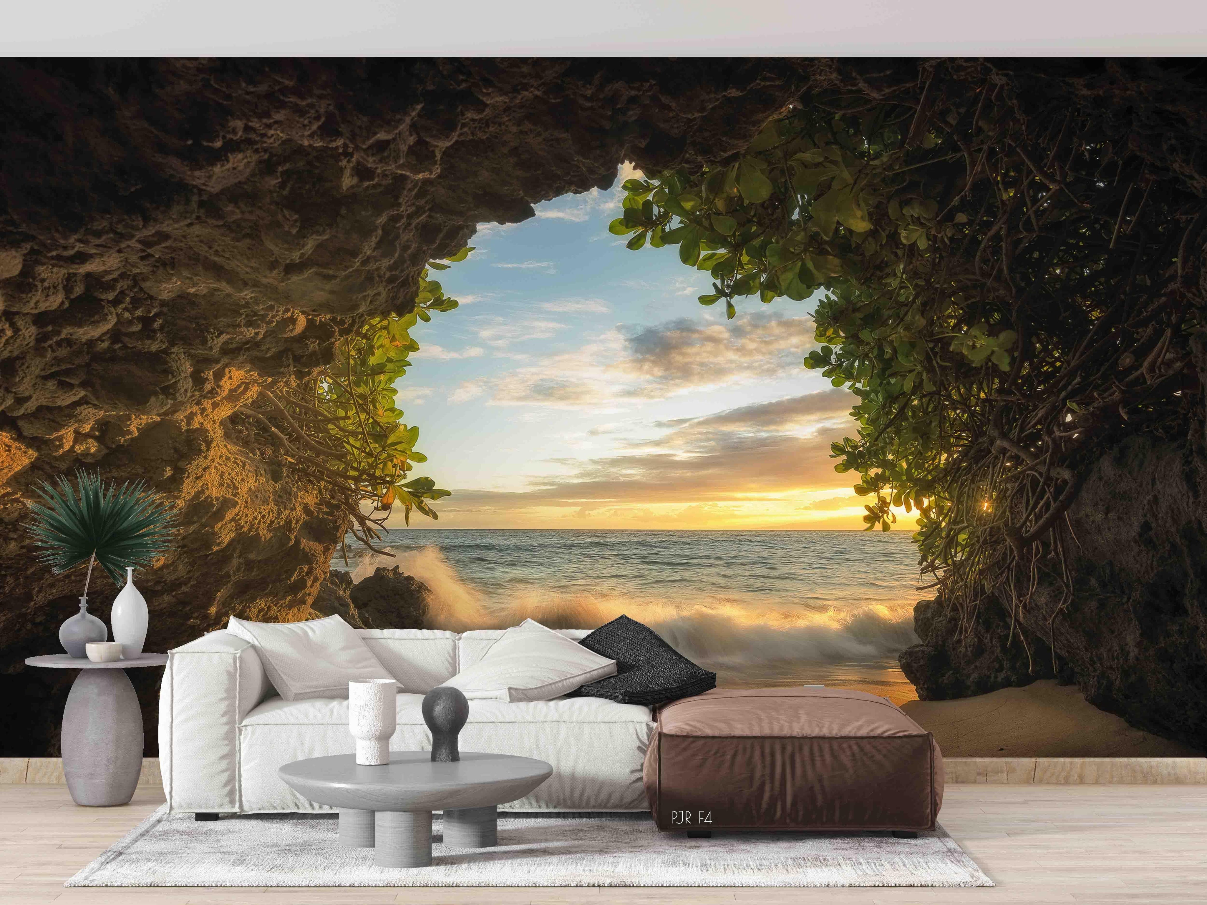 3D Cave Sunset Nature cave sunset coastal landscape wall mural wallpaper for bedroom - view 3
