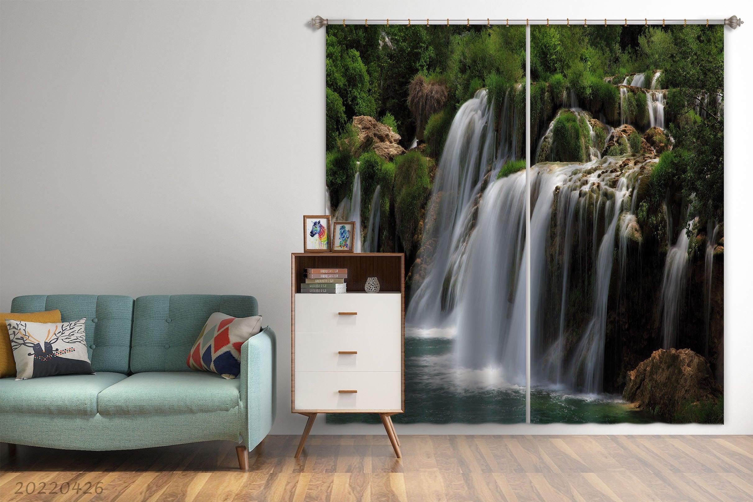 3D Landscape Mountain Waterfall Green Tree River Curtains and Drapes GD 4838- Jess Art Decoration