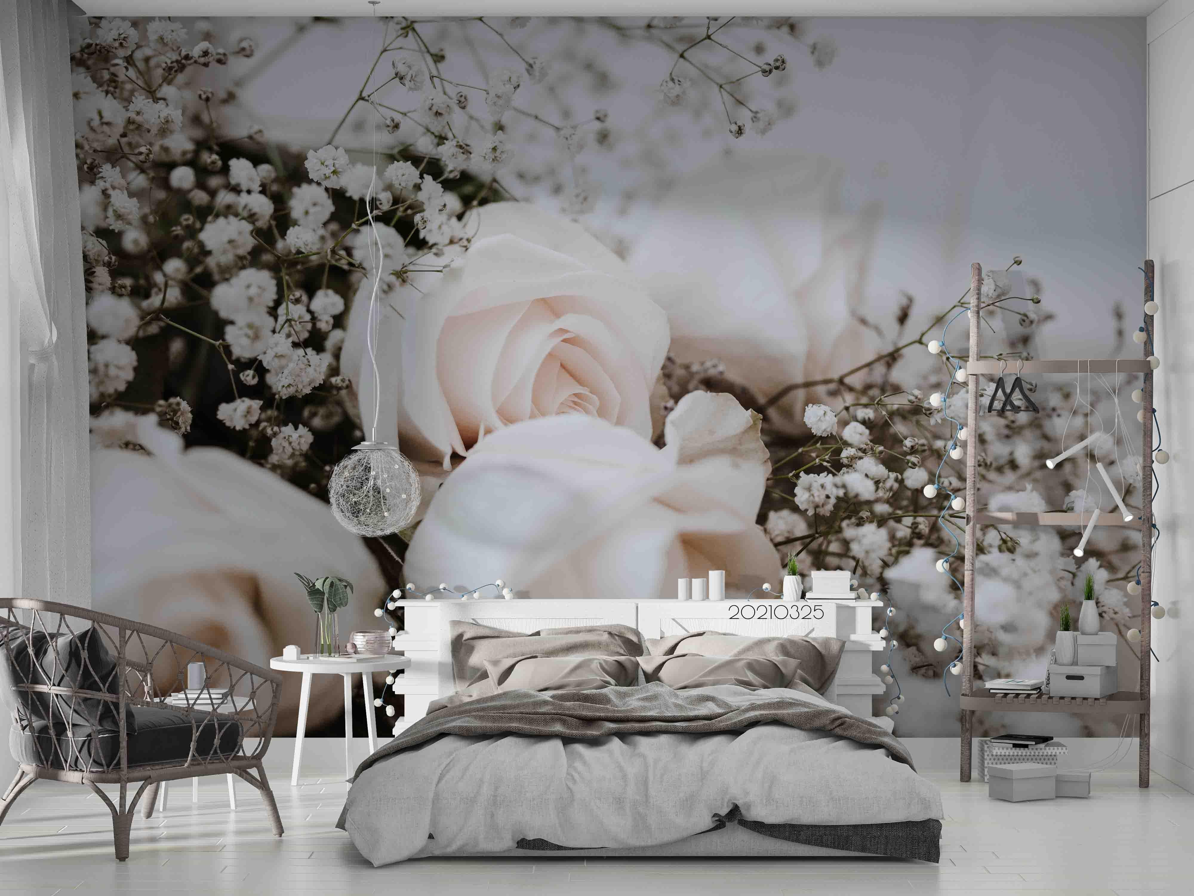 3D White Rose Floral Wall Mural Wallpaper LQH 330- Jess Art Decoration