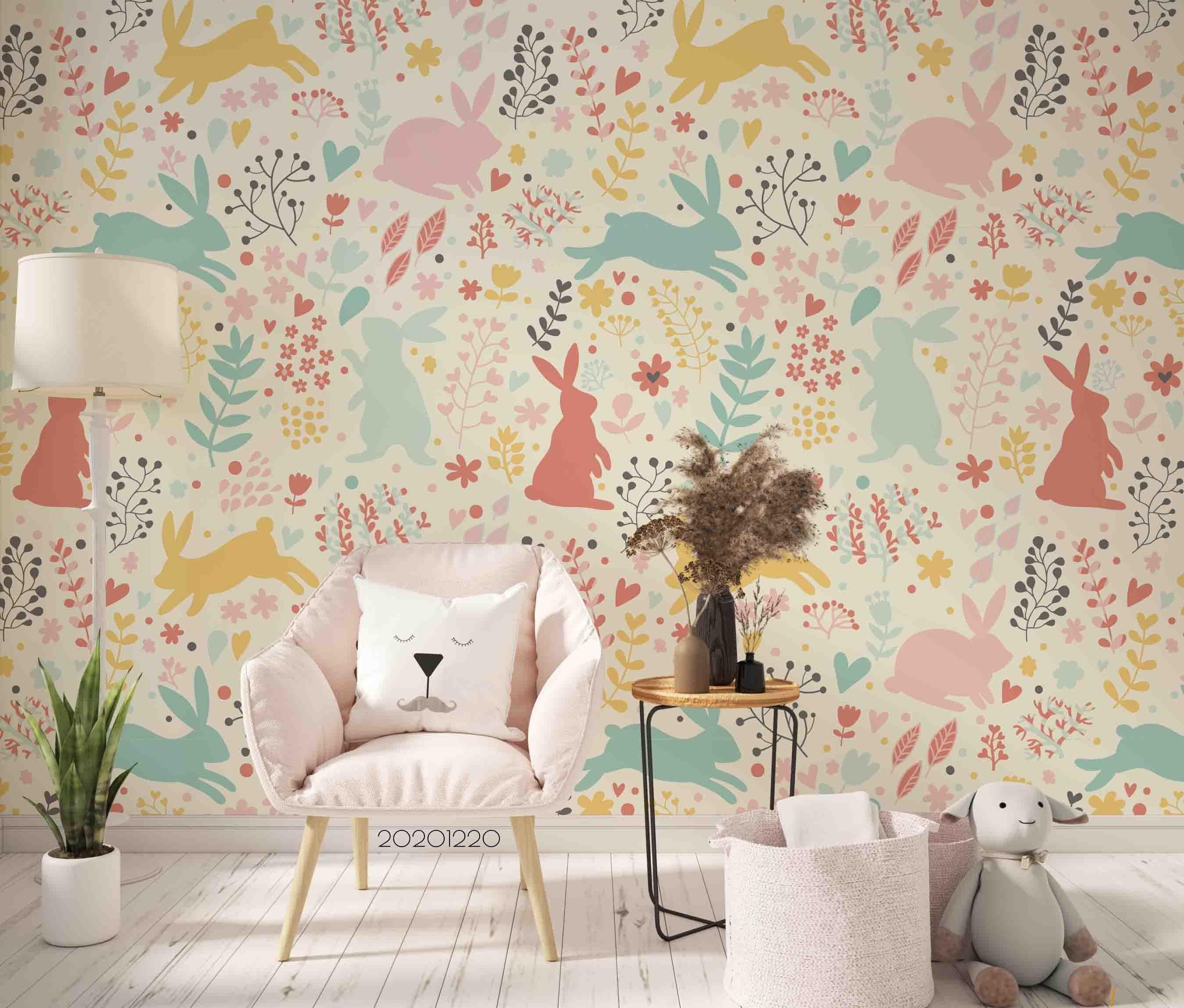 3D Hand Drawn Forest Leaf Animal Rabbit Wall Mural Wallpaper LQH 119- Jess Art Decoration