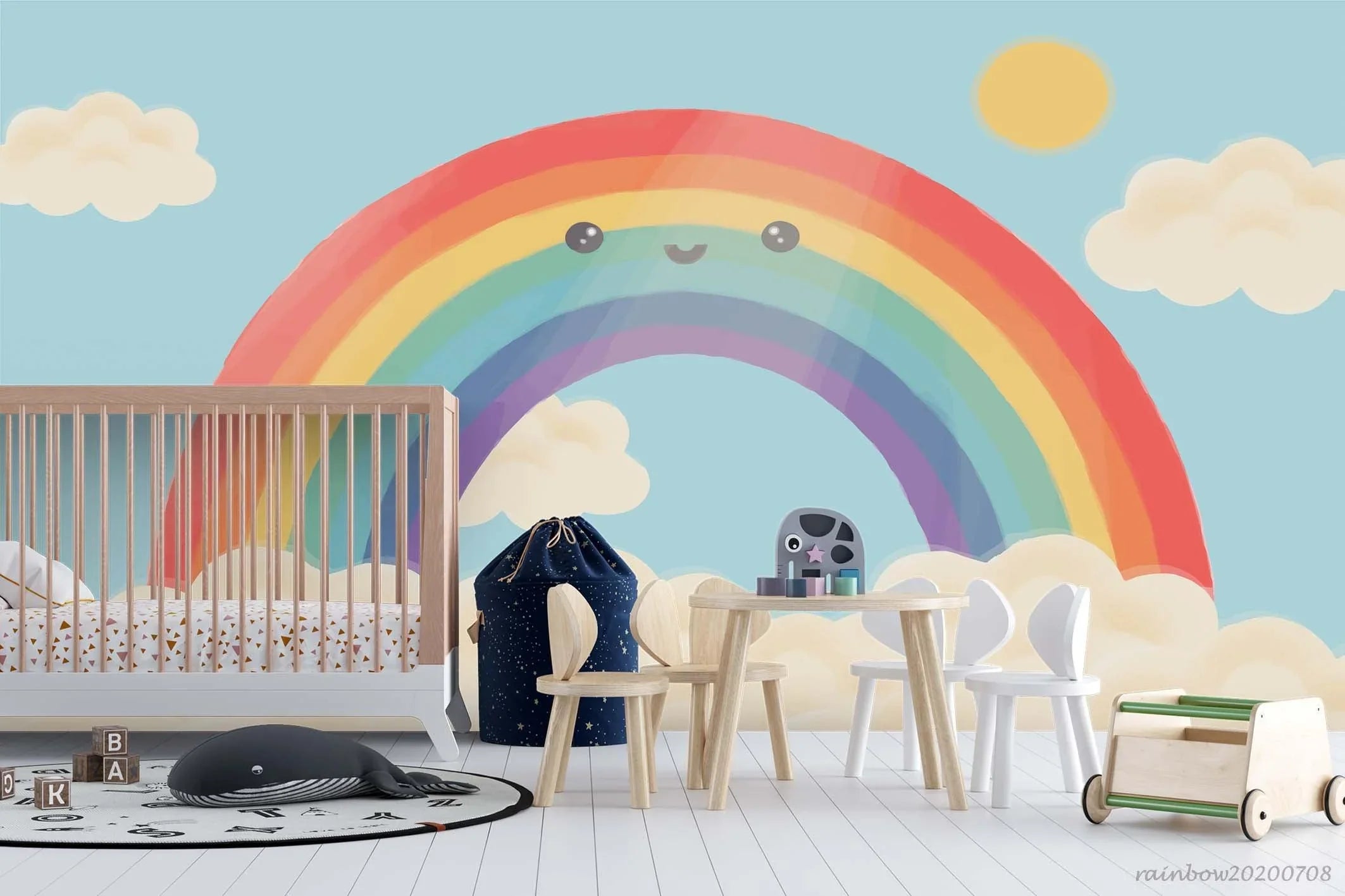 3D Cartoon Rainbow Blue Sky White Clouds Wall Mural Wallpaper A152 LQH- Jess Art Decoration