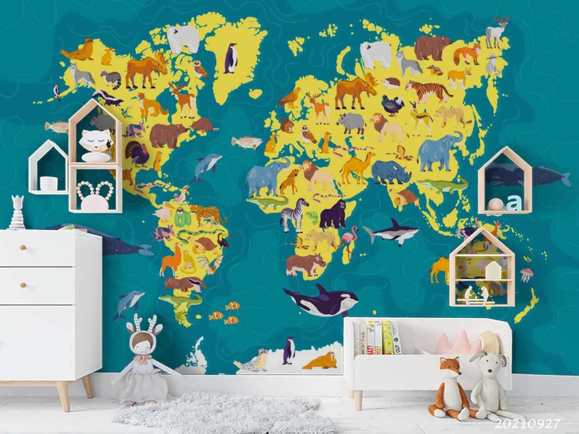 3D Blue World Map Kids Wall Mural Wallpaper LQH 170- Jess Art Decoration