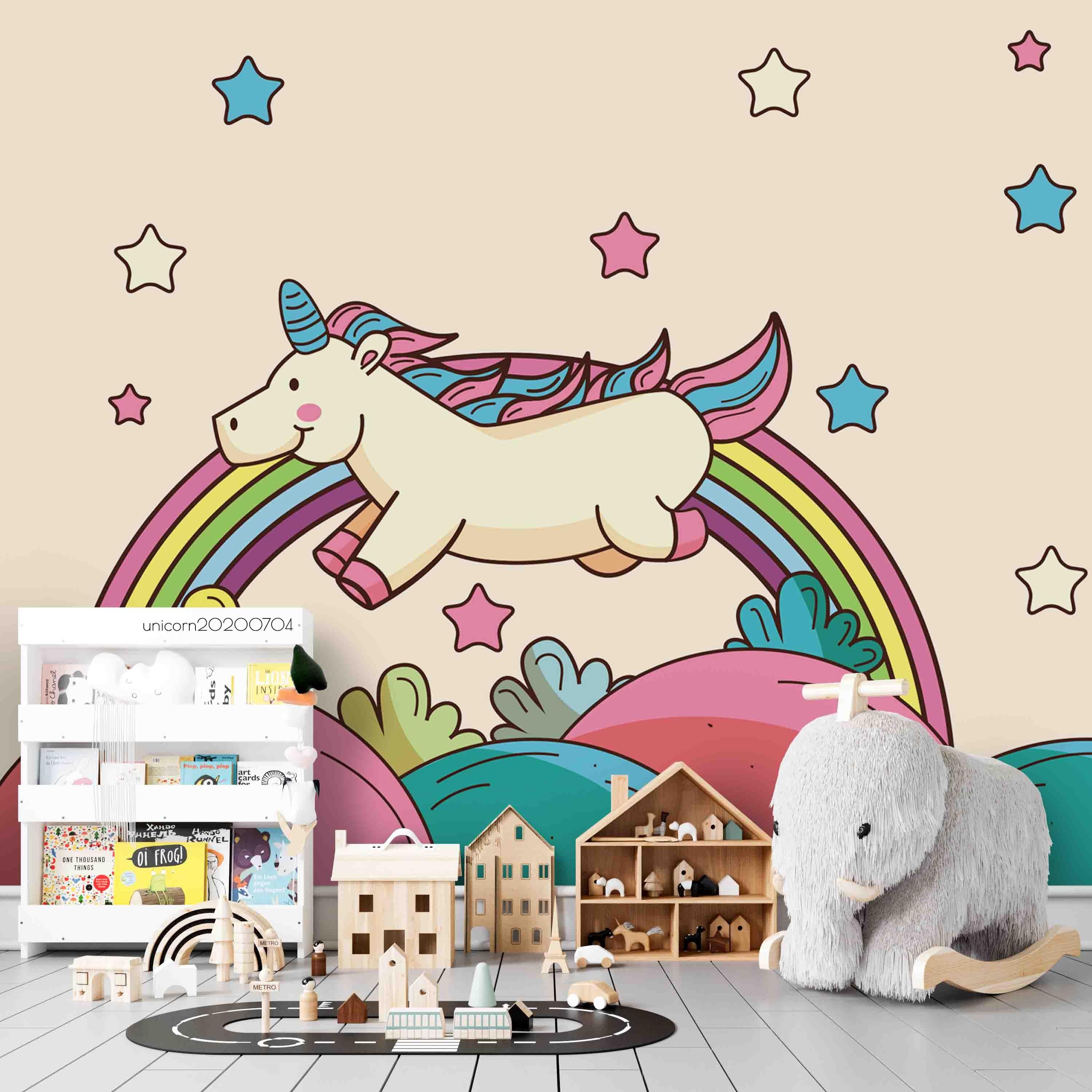 3D Cartoon Rainbow Unicorn Pink Star Wall Mural Wallpaper LXL 182- Jess Art Decoration